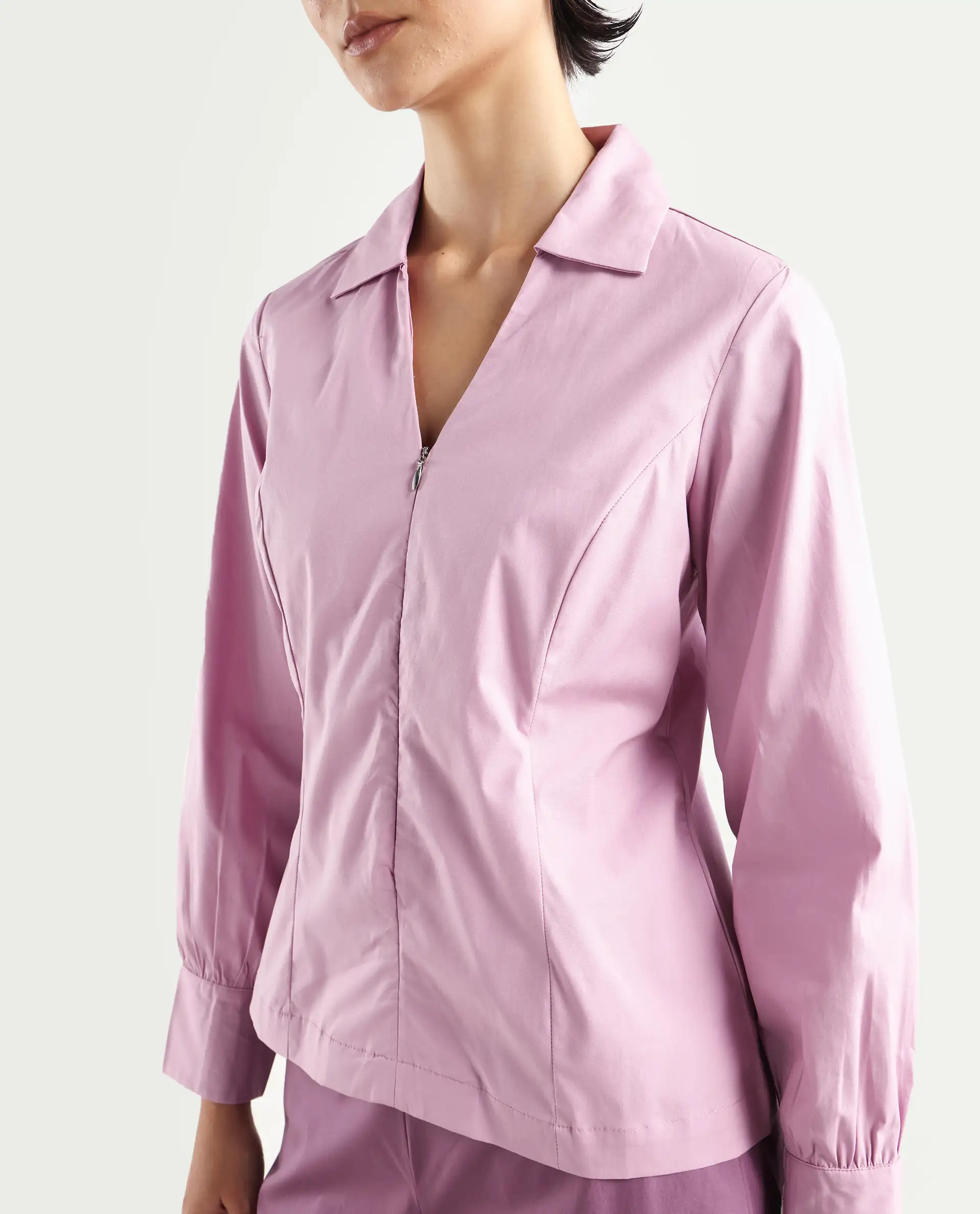 Rareism Women's Pomogra Light Pink Cotton Johnny Collar Plain Cuffed Sleeve Regular Fit Top - Image 4