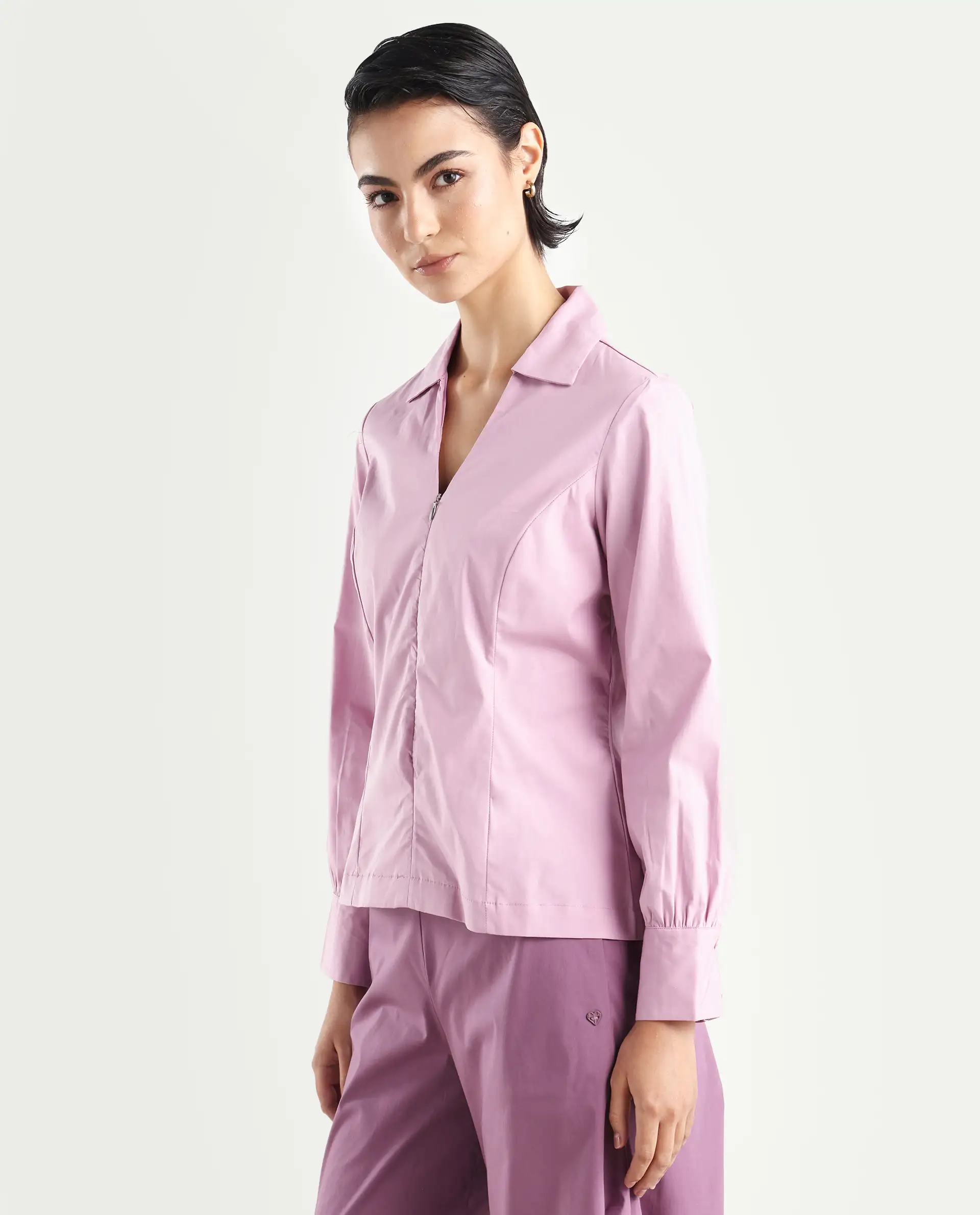 Rareism Women's Pomogra Light Pink Cotton Johnny Collar Plain Cuffed Sleeve Regular Fit Top - Image 5