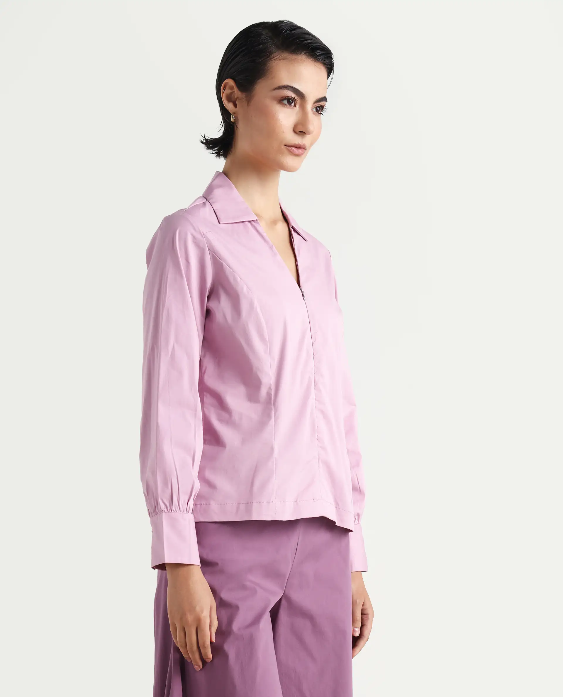 Rareism Women's Pomogra Light Pink Cotton Johnny Collar Plain Cuffed Sleeve Regular Fit Top - Image 6