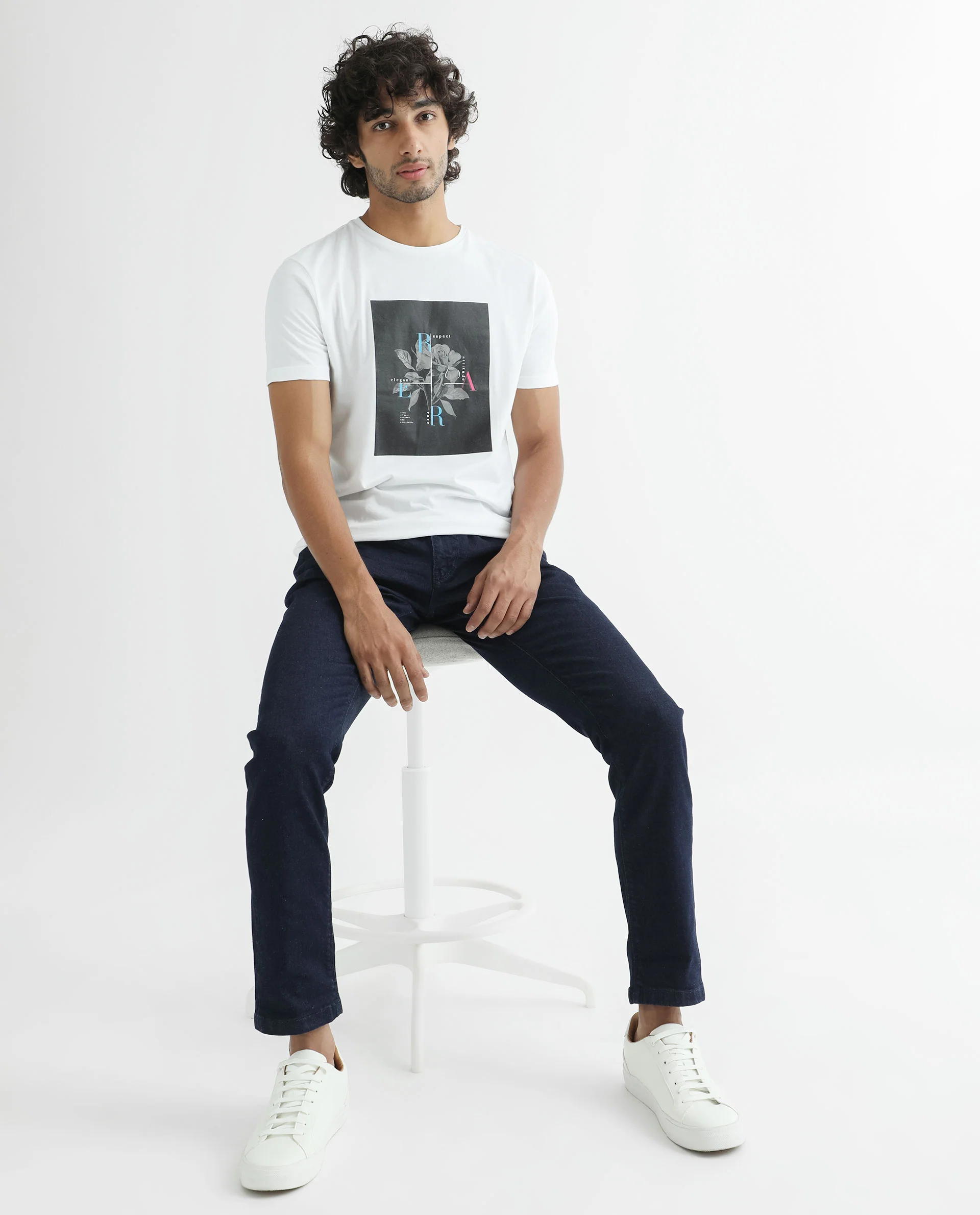 Rare Rabbit Men's Ponk White Cotton Graphic Print Slim Fit Half Sleeve Crew Neck T-Shirt - Image 2