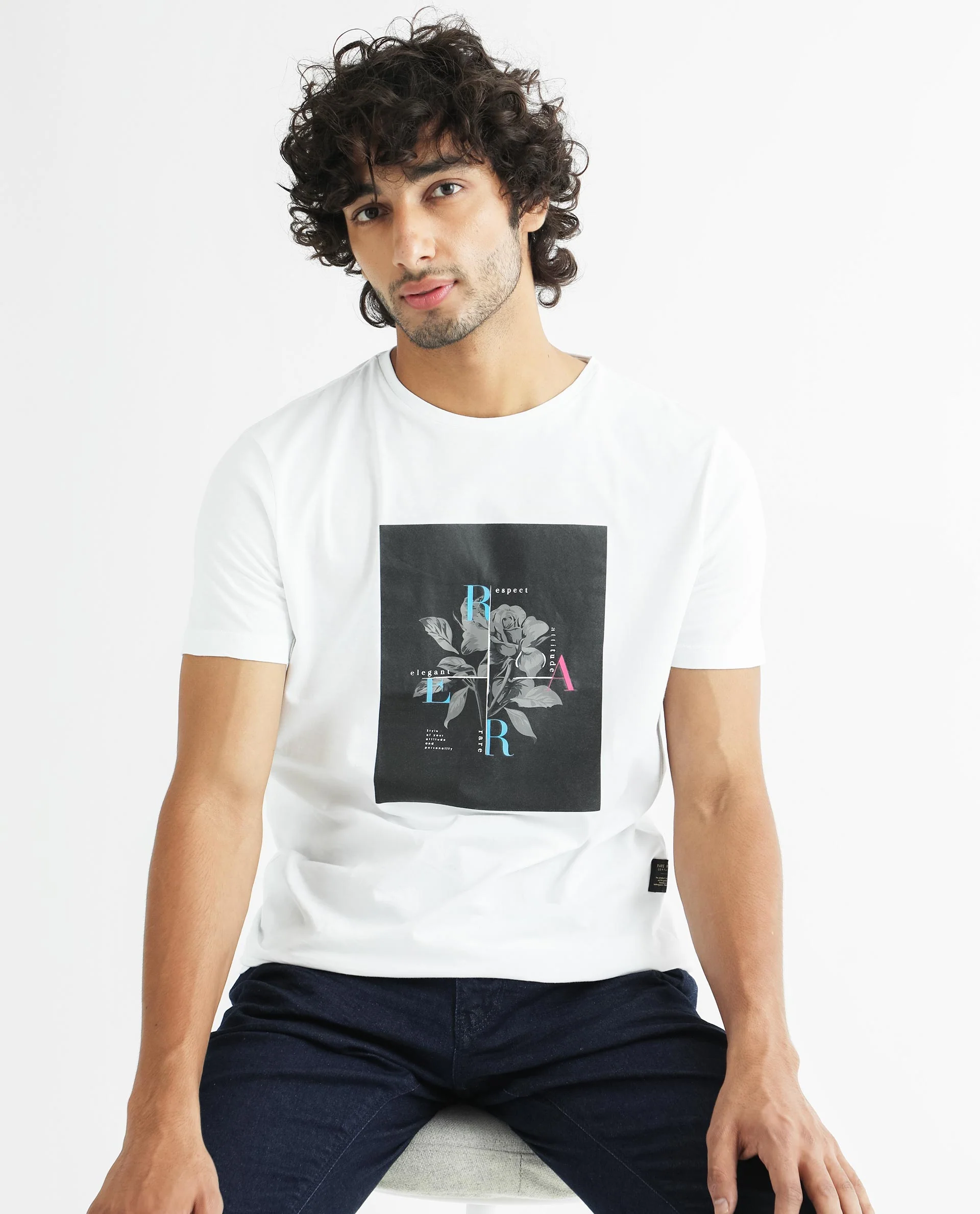 Rare Rabbit Men's Ponk White Cotton Graphic Print Slim Fit Half Sleeve Crew Neck T-Shirt - Image 3