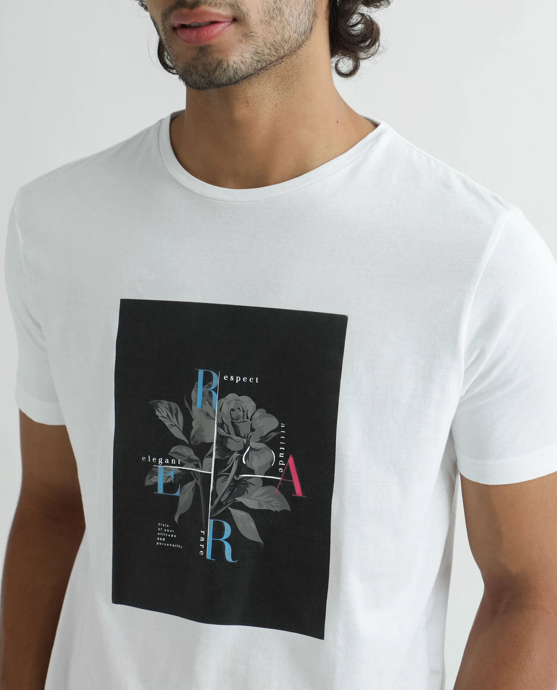 Rare Rabbit Men's Ponk White Cotton Graphic Print Slim Fit Half Sleeve Crew Neck T-Shirt - Image 4