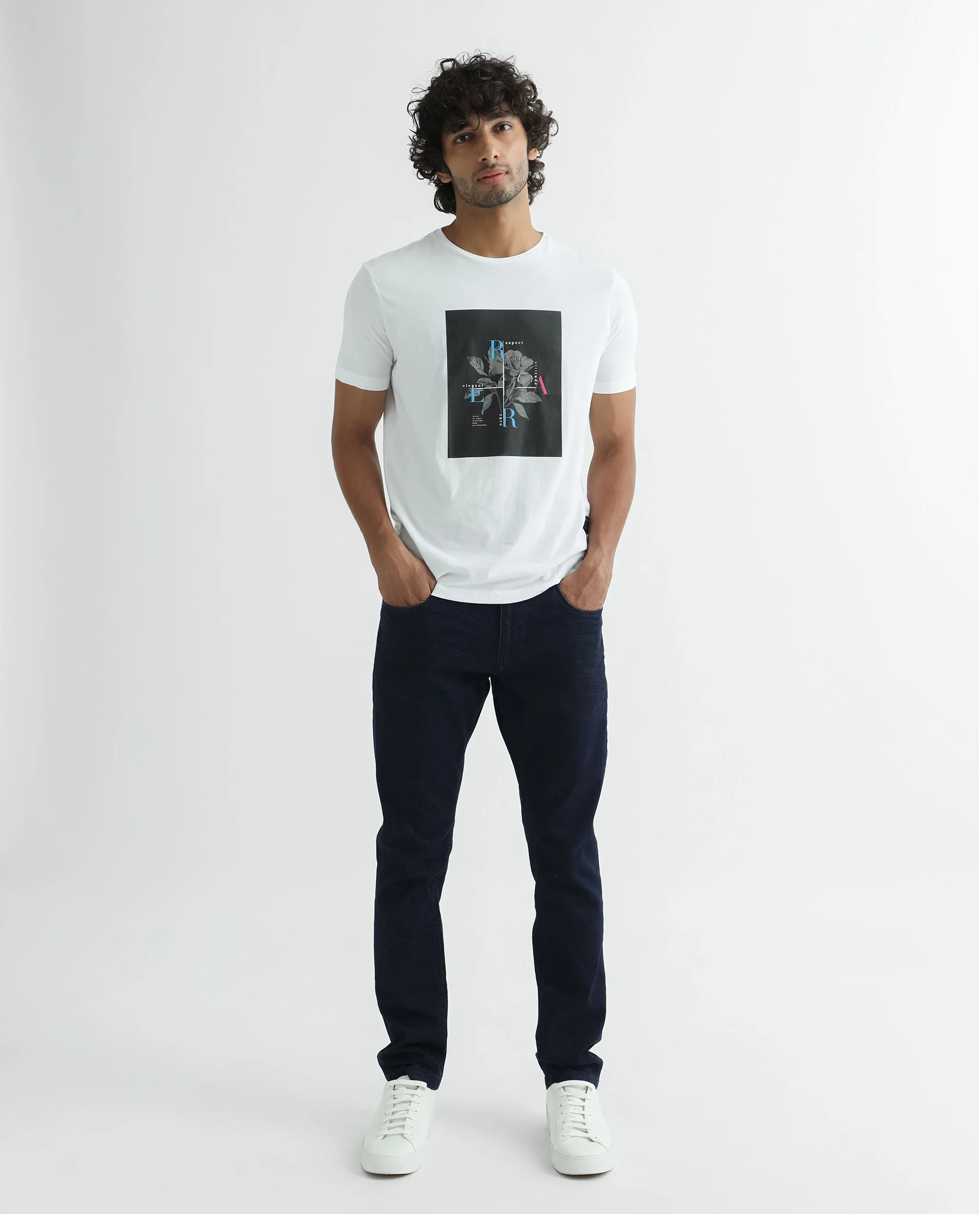 Rare Rabbit Men's Ponk White Cotton Graphic Print Slim Fit Half Sleeve Crew Neck T-Shirt - Image 5