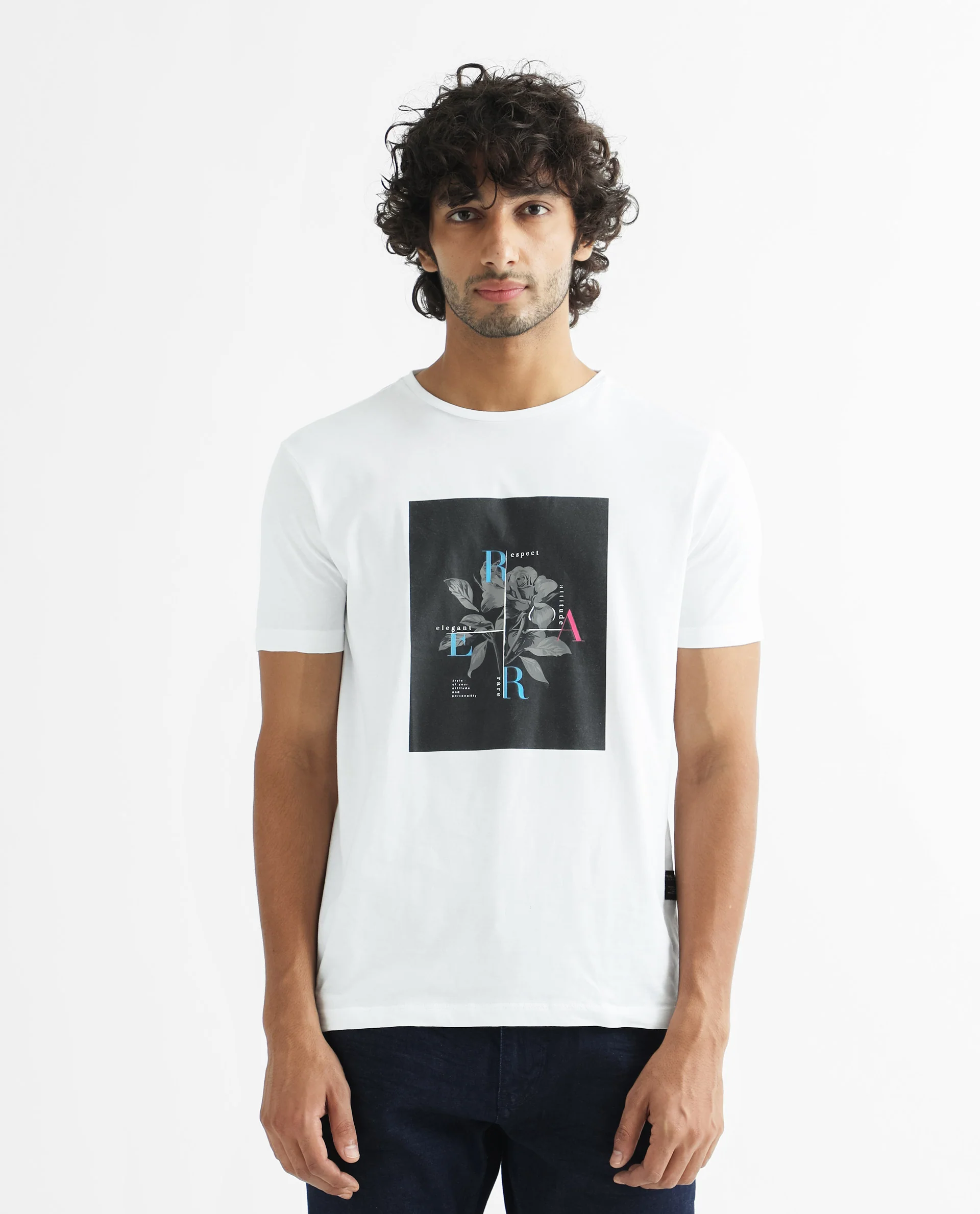 Rare Rabbit Men's Ponk White Cotton Graphic Print Slim Fit Half Sleeve Crew Neck T-Shirt - Image 6