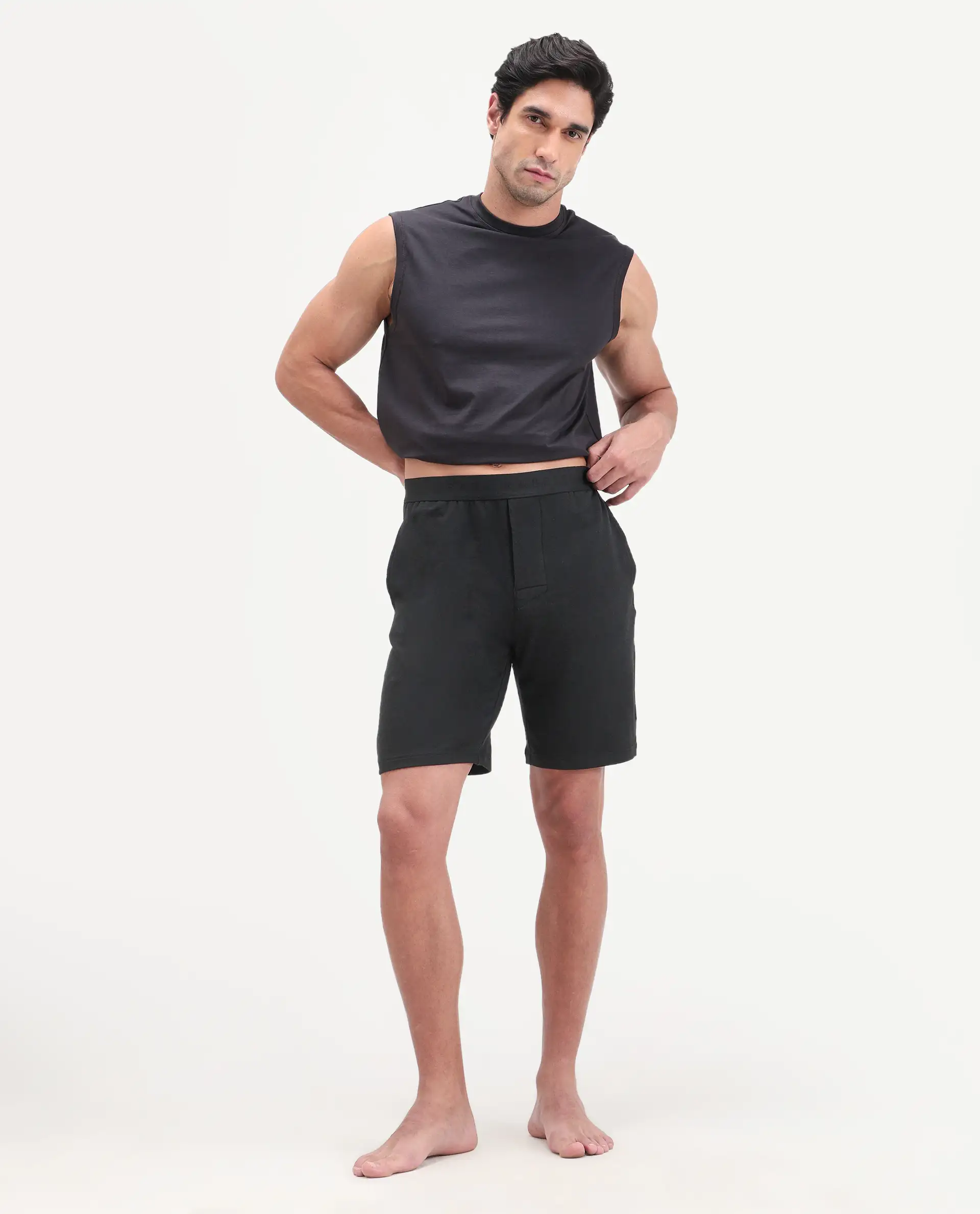 Rare Rabbit Men's Pont Black Cotton Fabric Relaxed Fit Plain Stretchable Shorts