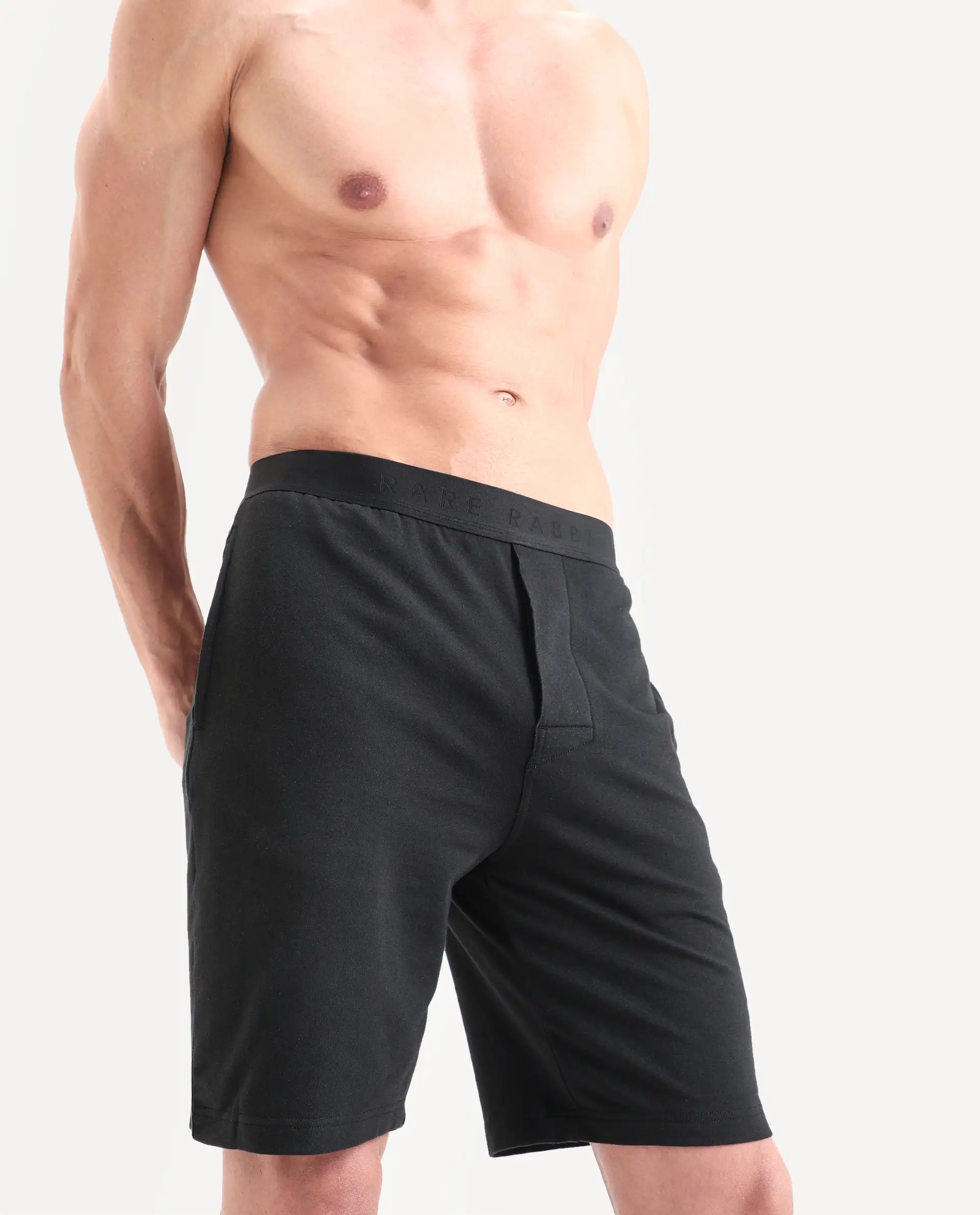 Rare Rabbit Men's Pont Black Cotton Fabric Relaxed Fit Plain Stretchable Shorts - Image 3