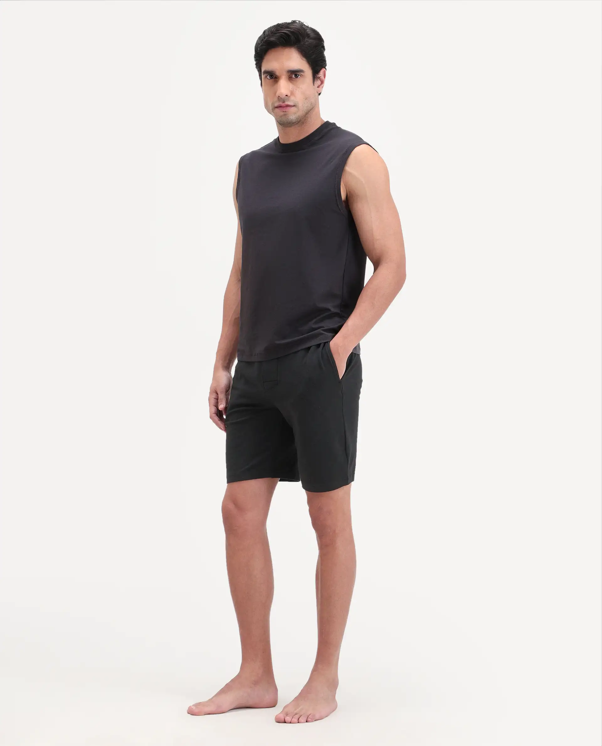 Rare Rabbit Men's Pont Black Cotton Fabric Relaxed Fit Plain Stretchable Shorts - Image 4