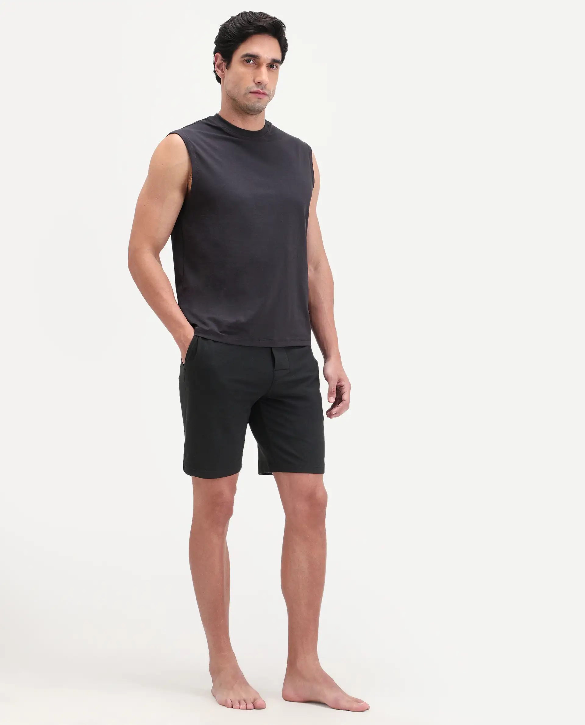 Rare Rabbit Men's Pont Black Cotton Fabric Relaxed Fit Plain Stretchable Shorts - Image 5