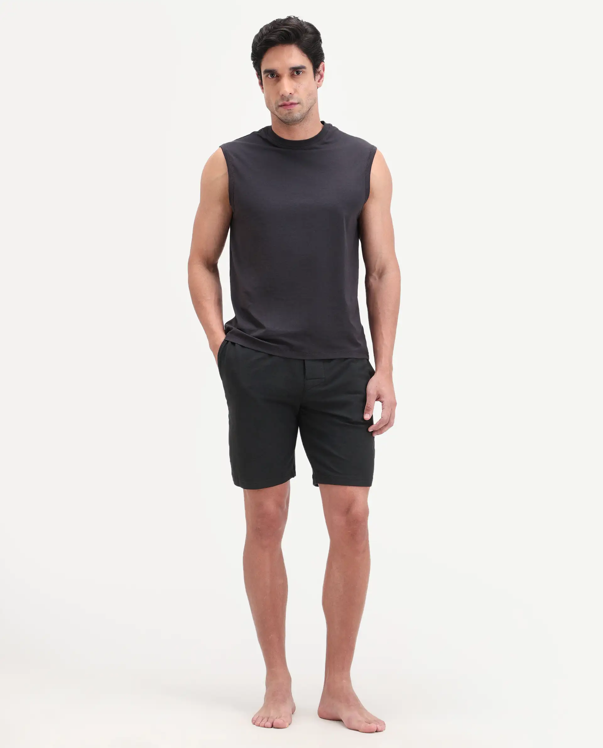 Rare Rabbit Men's Pont Black Cotton Fabric Relaxed Fit Plain Stretchable Shorts - Image 6
