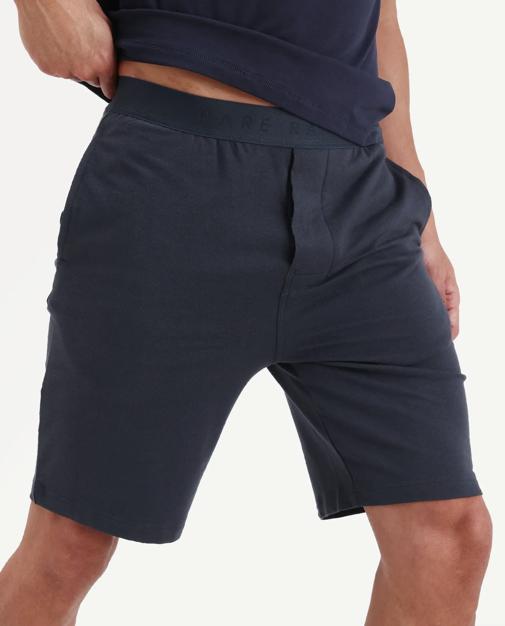 Rare Rabbit Men's Pont Navy Cotton Fabric Relaxed Fit Plain Stretchable Shorts - Image 2