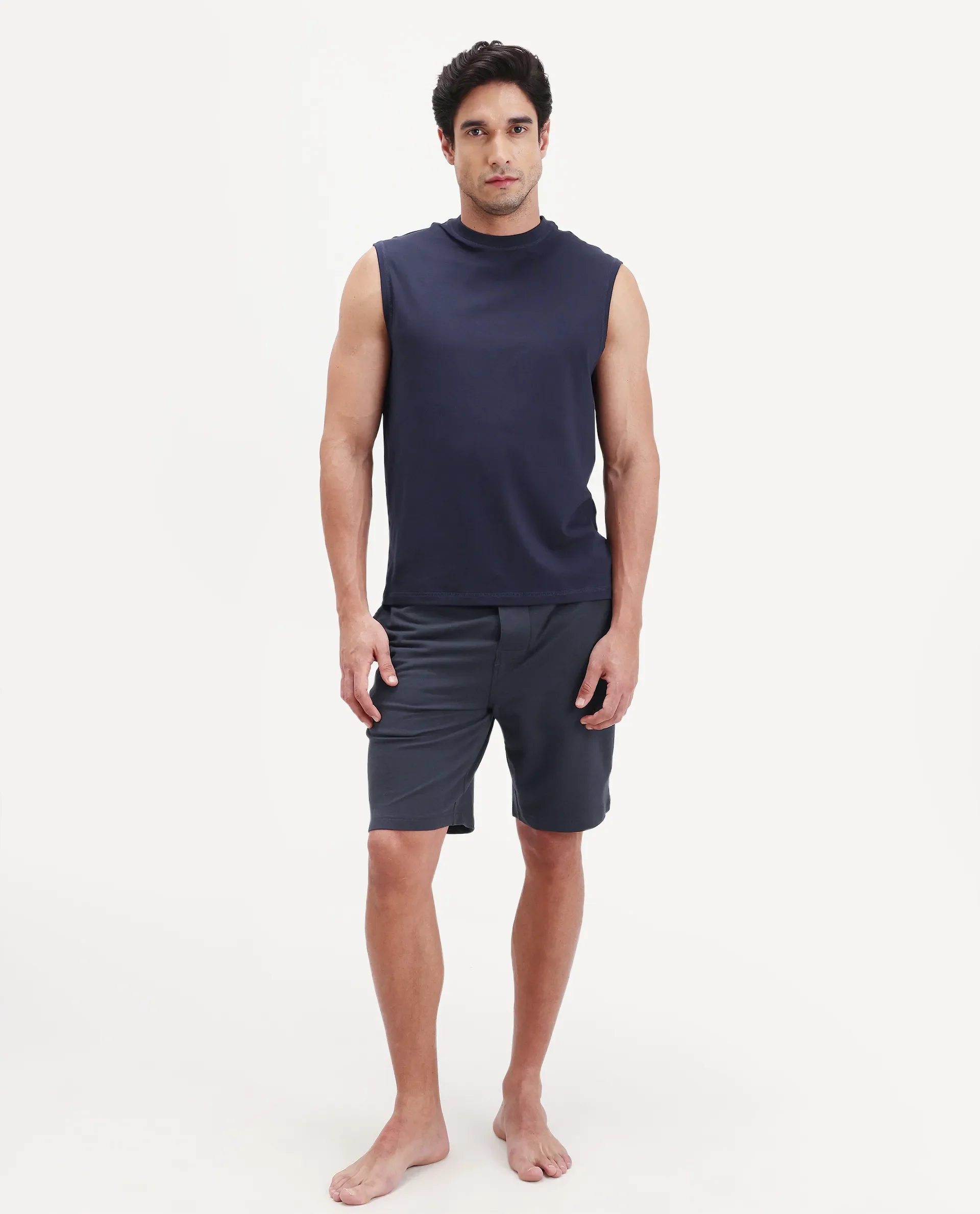 Rare Rabbit Men's Pont Navy Cotton Fabric Relaxed Fit Plain Stretchable Shorts - Image 3