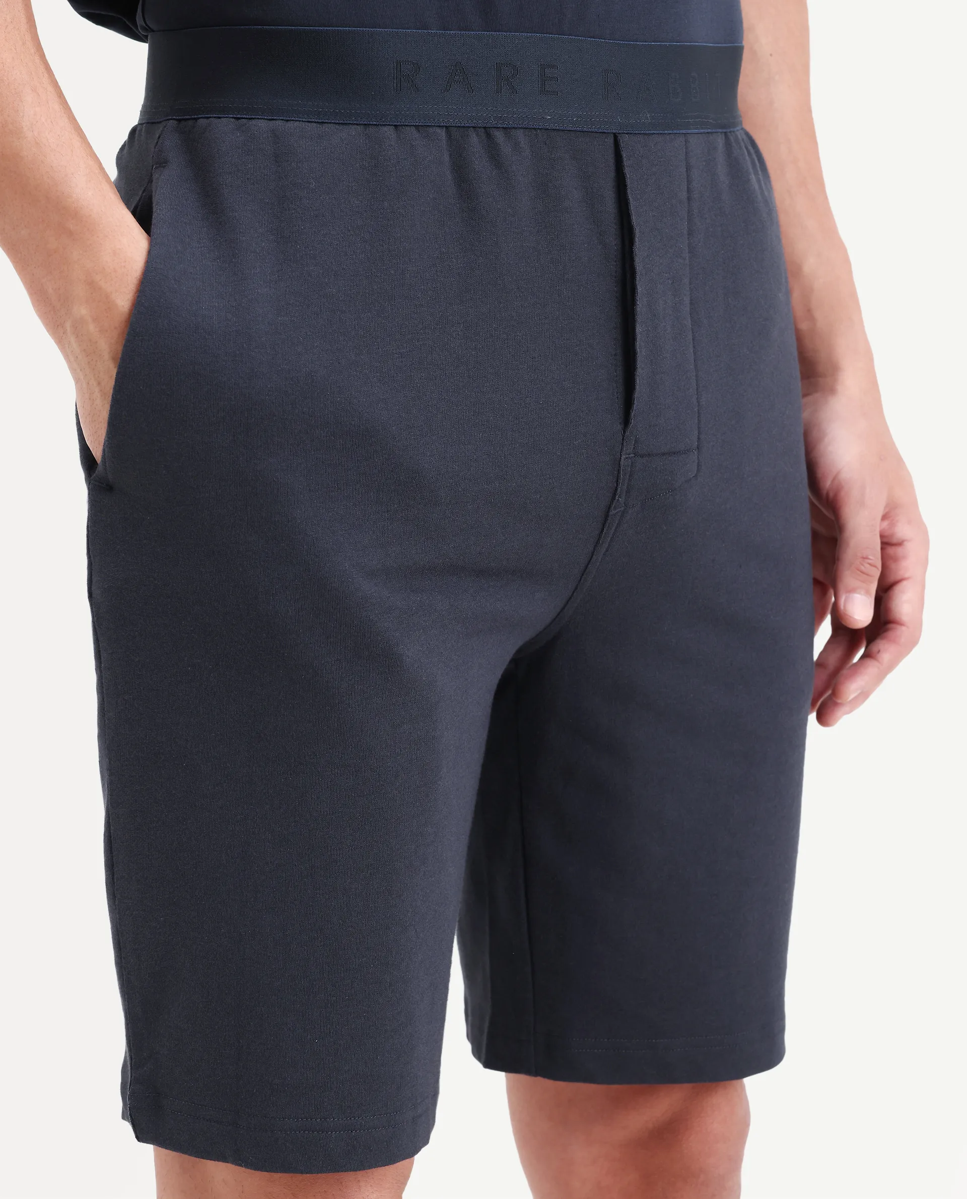 Rare Rabbit Men's Pont Navy Cotton Fabric Relaxed Fit Plain Stretchable Shorts - Image 4