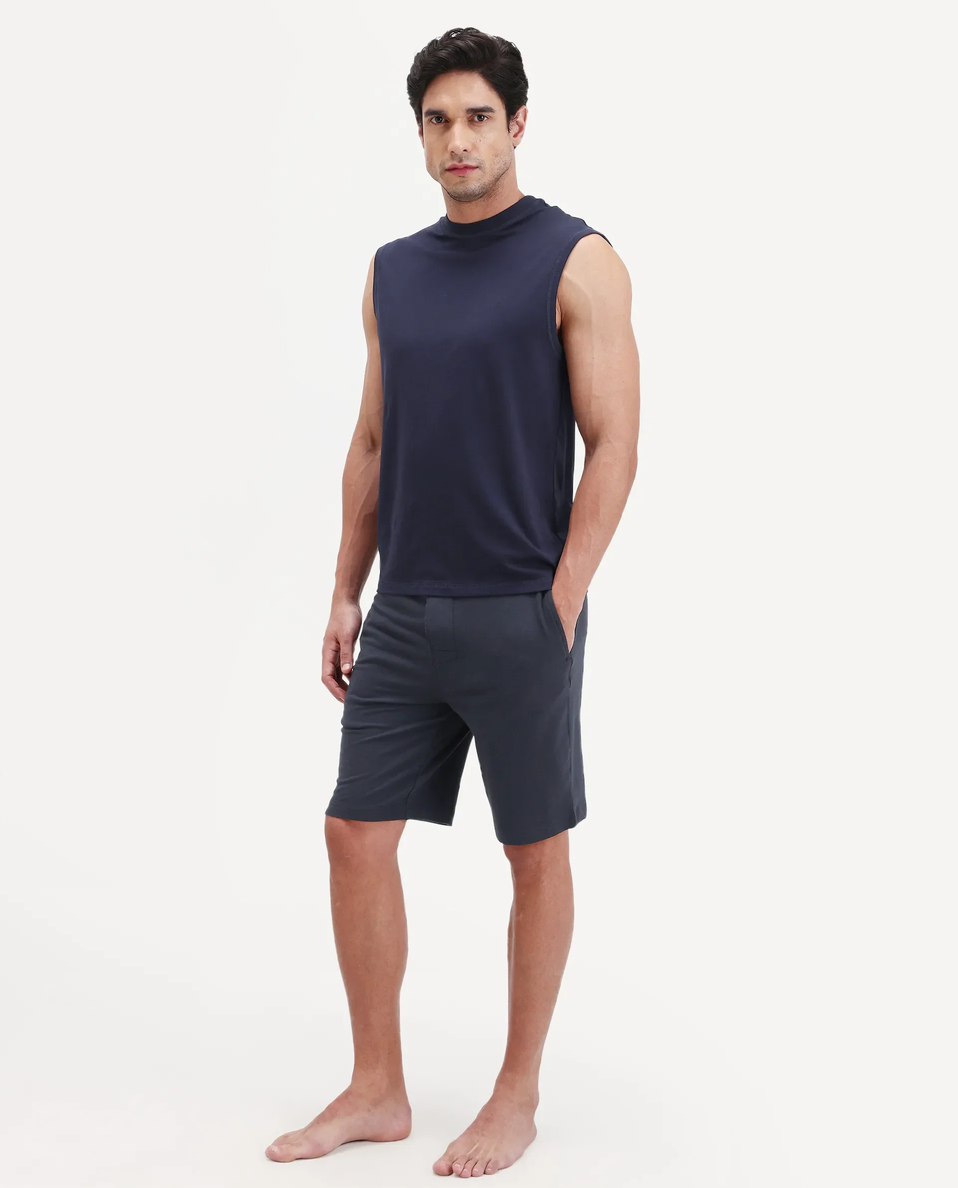 Rare Rabbit Men's Pont Navy Cotton Fabric Relaxed Fit Plain Stretchable Shorts - Image 5