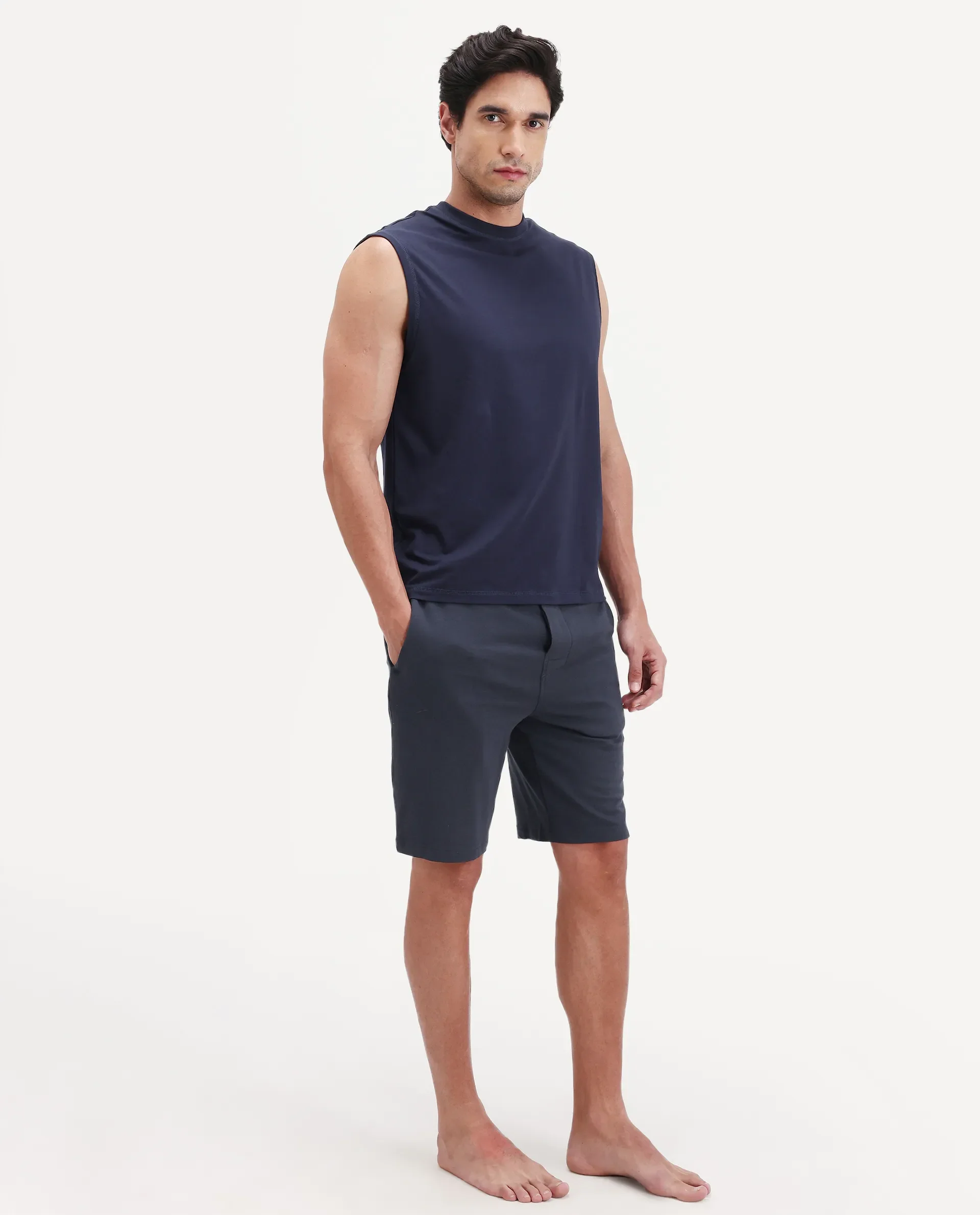 Rare Rabbit Men's Pont Navy Cotton Fabric Relaxed Fit Plain Stretchable Shorts - Image 6