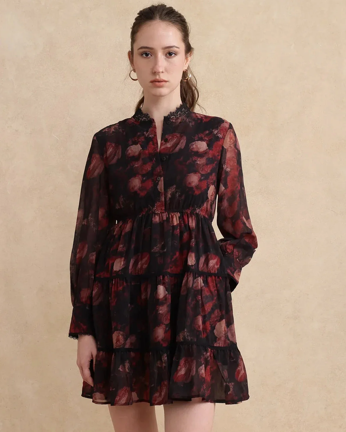 Rareism Women's Popoe Dark Multi Polyester Sweetheart Neck Floral Print Puff Sleeves Knee Length Fit And Flare Dress