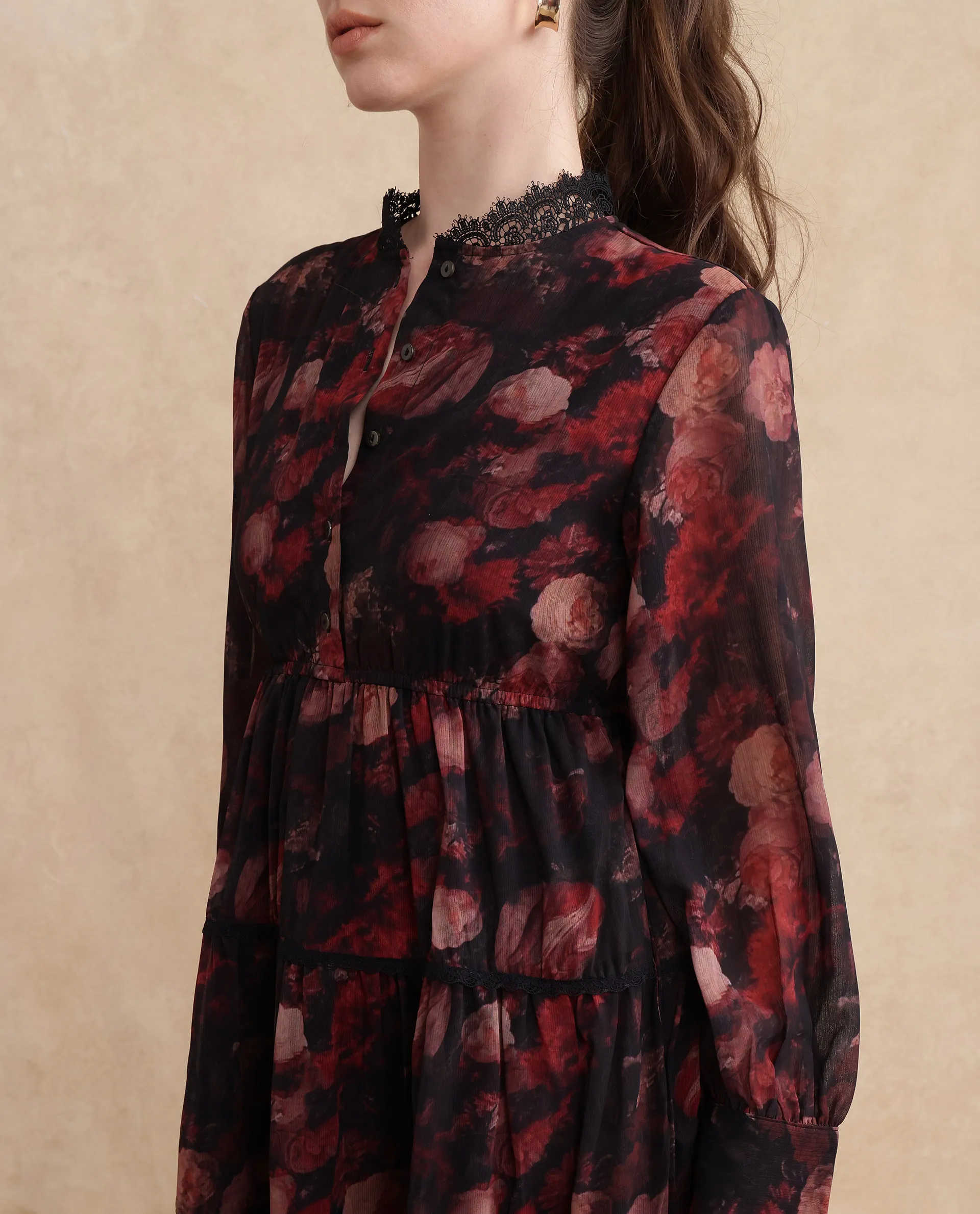 Rareism Women's Popoe Dark Multi Polyester Sweetheart Neck Floral Print Puff Sleeves Knee Length Fit And Flare Dress - Image 2