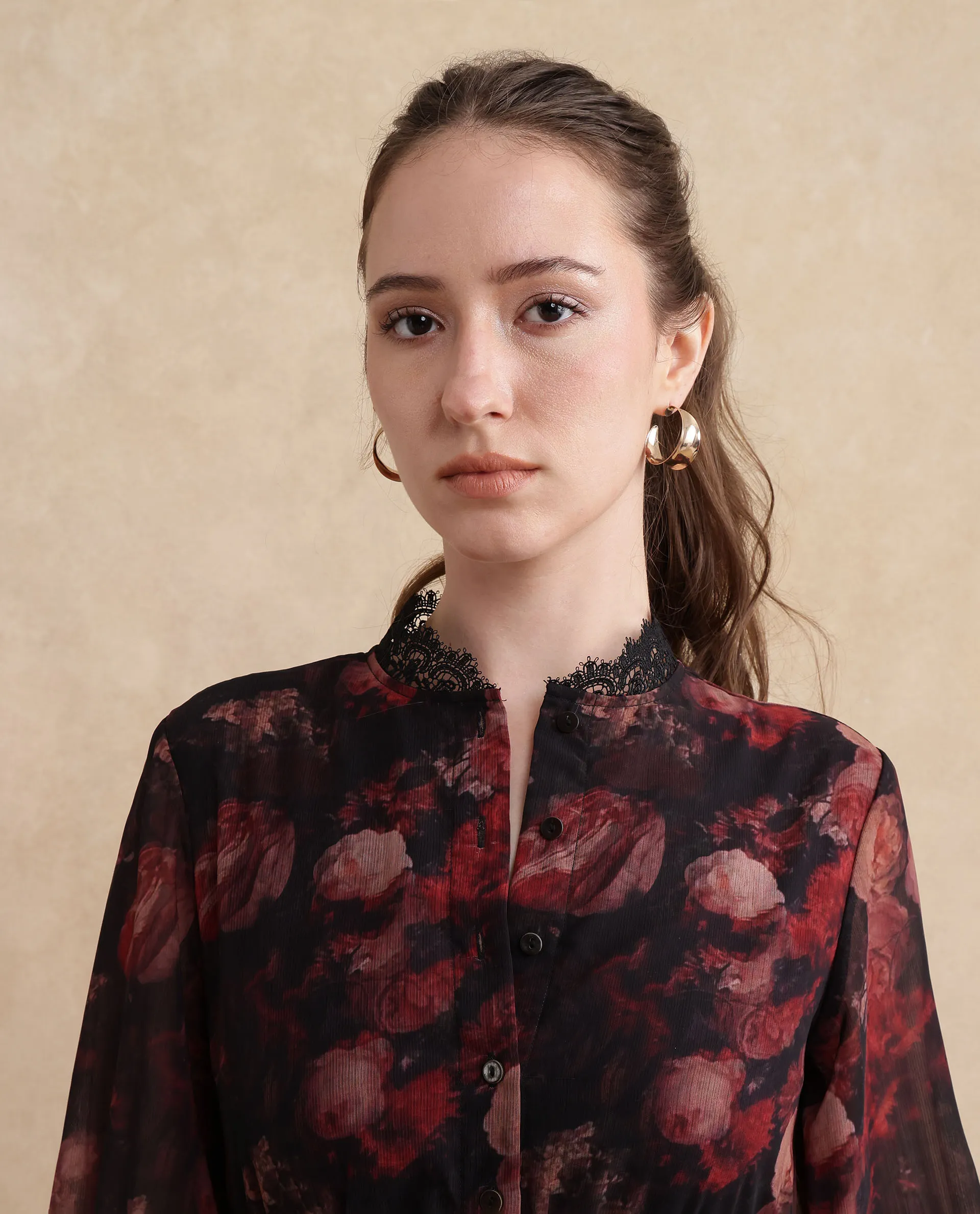 Rareism Women's Popoe Dark Multi Polyester Sweetheart Neck Floral Print Puff Sleeves Knee Length Fit And Flare Dress - Image 3