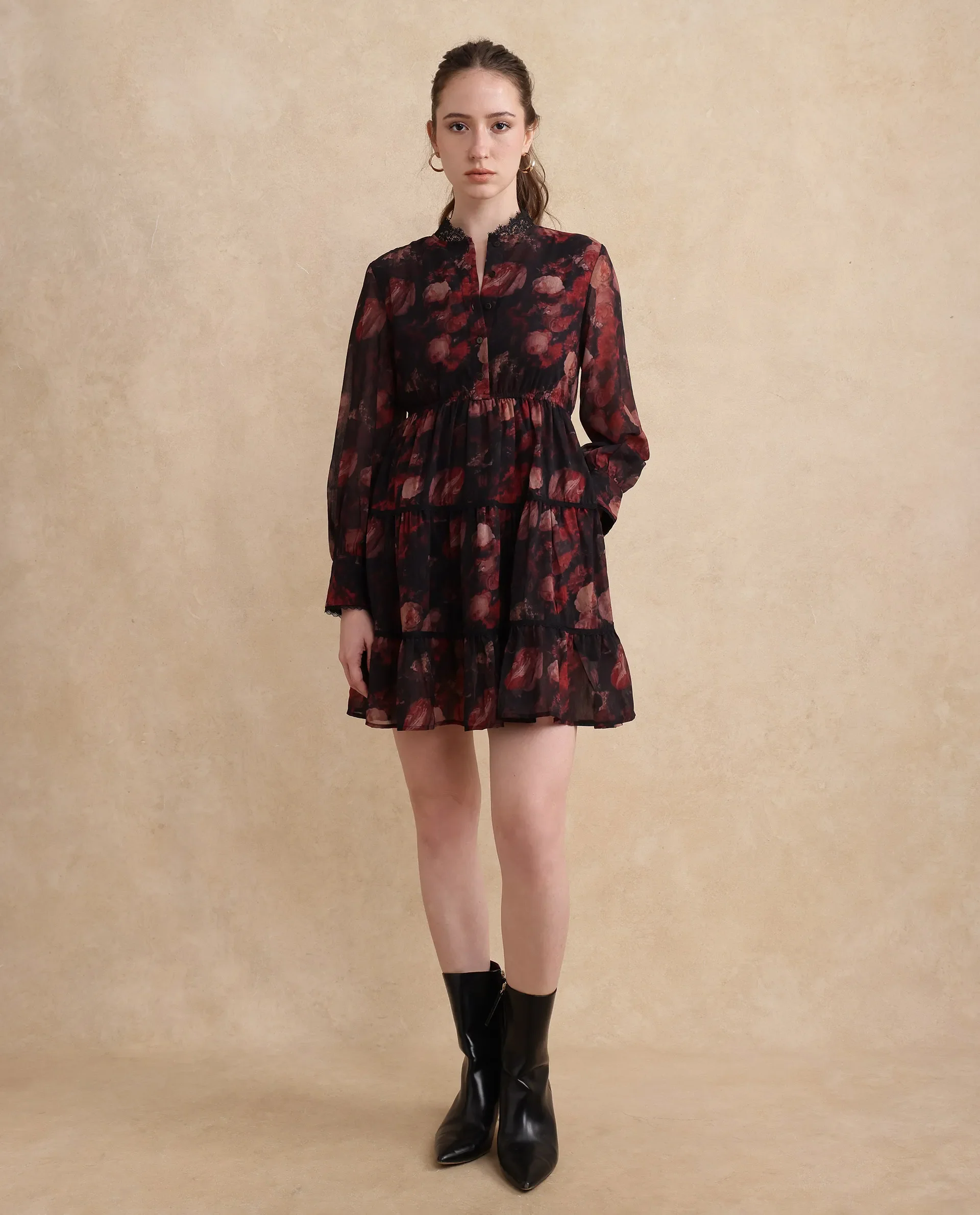Rareism Women's Popoe Dark Multi Polyester Sweetheart Neck Floral Print Puff Sleeves Knee Length Fit And Flare Dress - Image 4