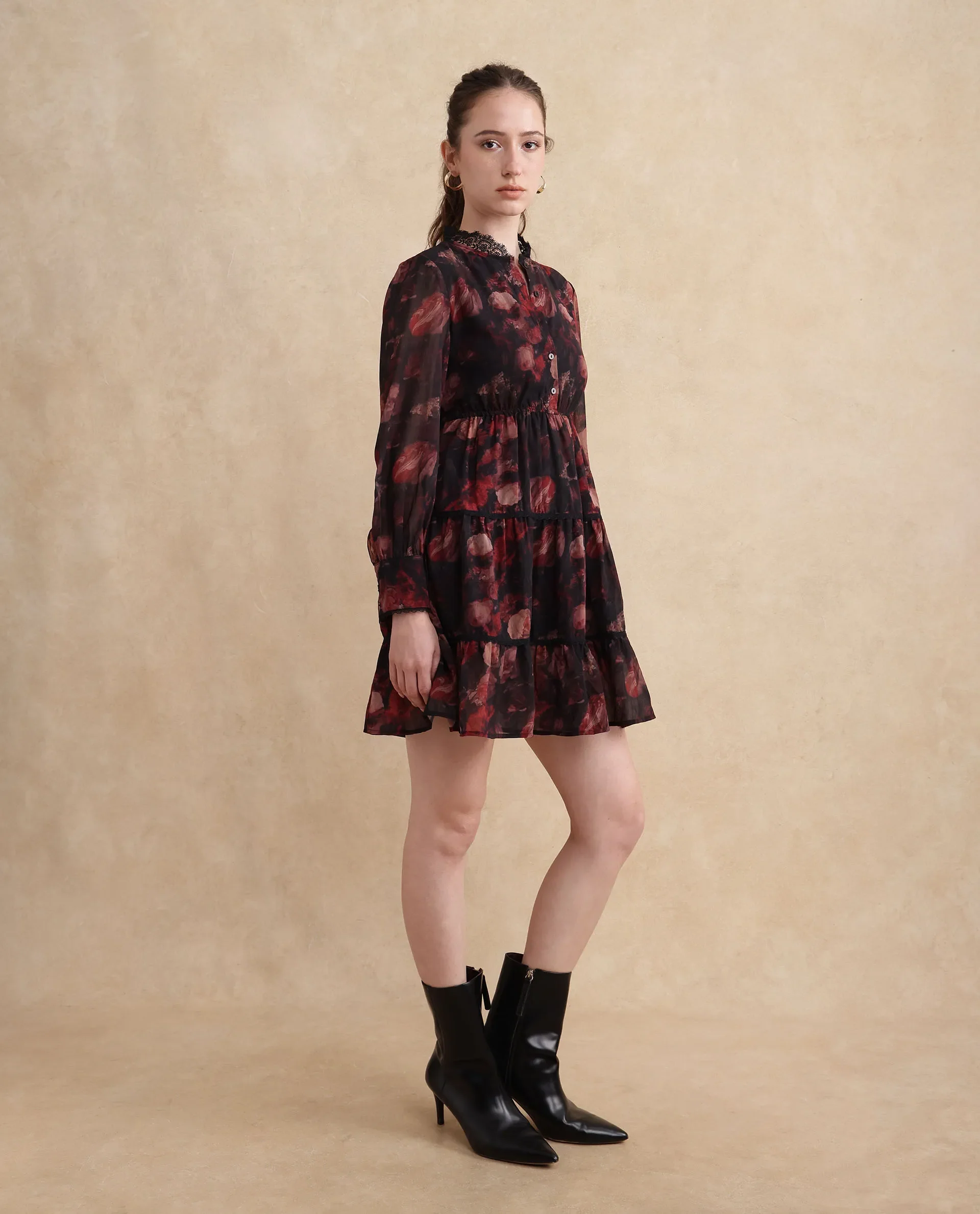 Rareism Women's Popoe Dark Multi Polyester Sweetheart Neck Floral Print Puff Sleeves Knee Length Fit And Flare Dress - Image 5
