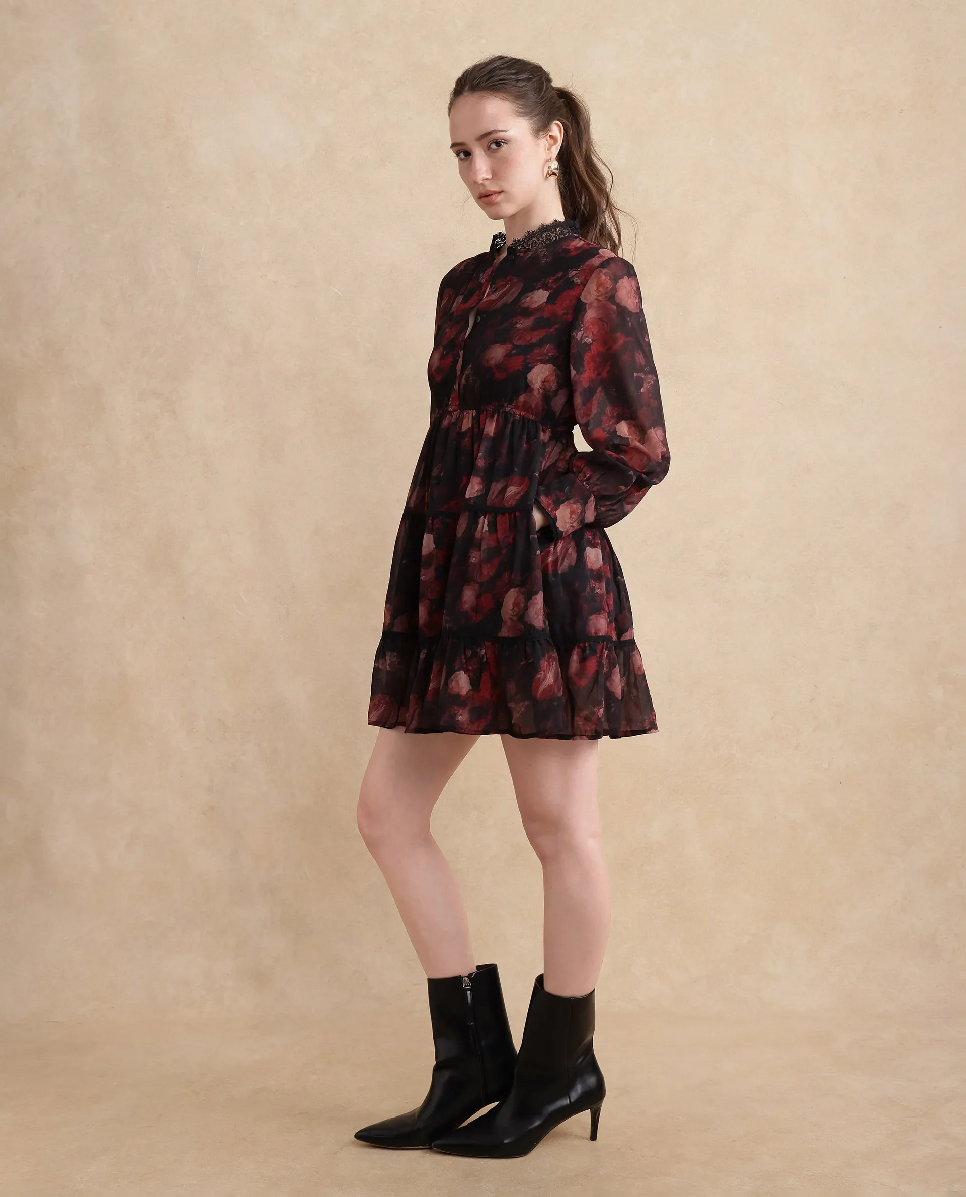 Rareism Women's Popoe Dark Multi Polyester Sweetheart Neck Floral Print Puff Sleeves Knee Length Fit And Flare Dress - Image 6
