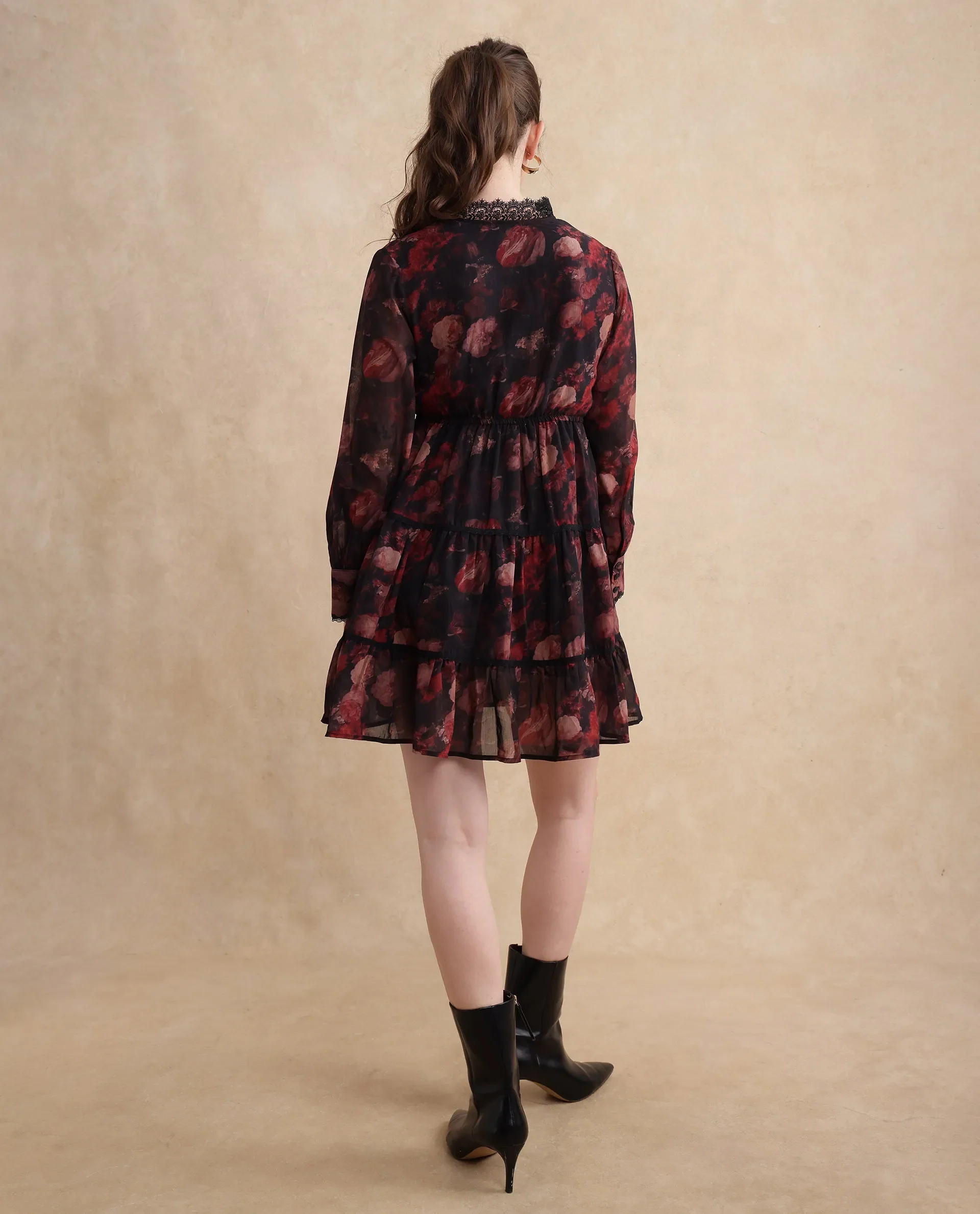 Rareism Women's Popoe Dark Multi Polyester Sweetheart Neck Floral Print Puff Sleeves Knee Length Fit And Flare Dress - Image 7