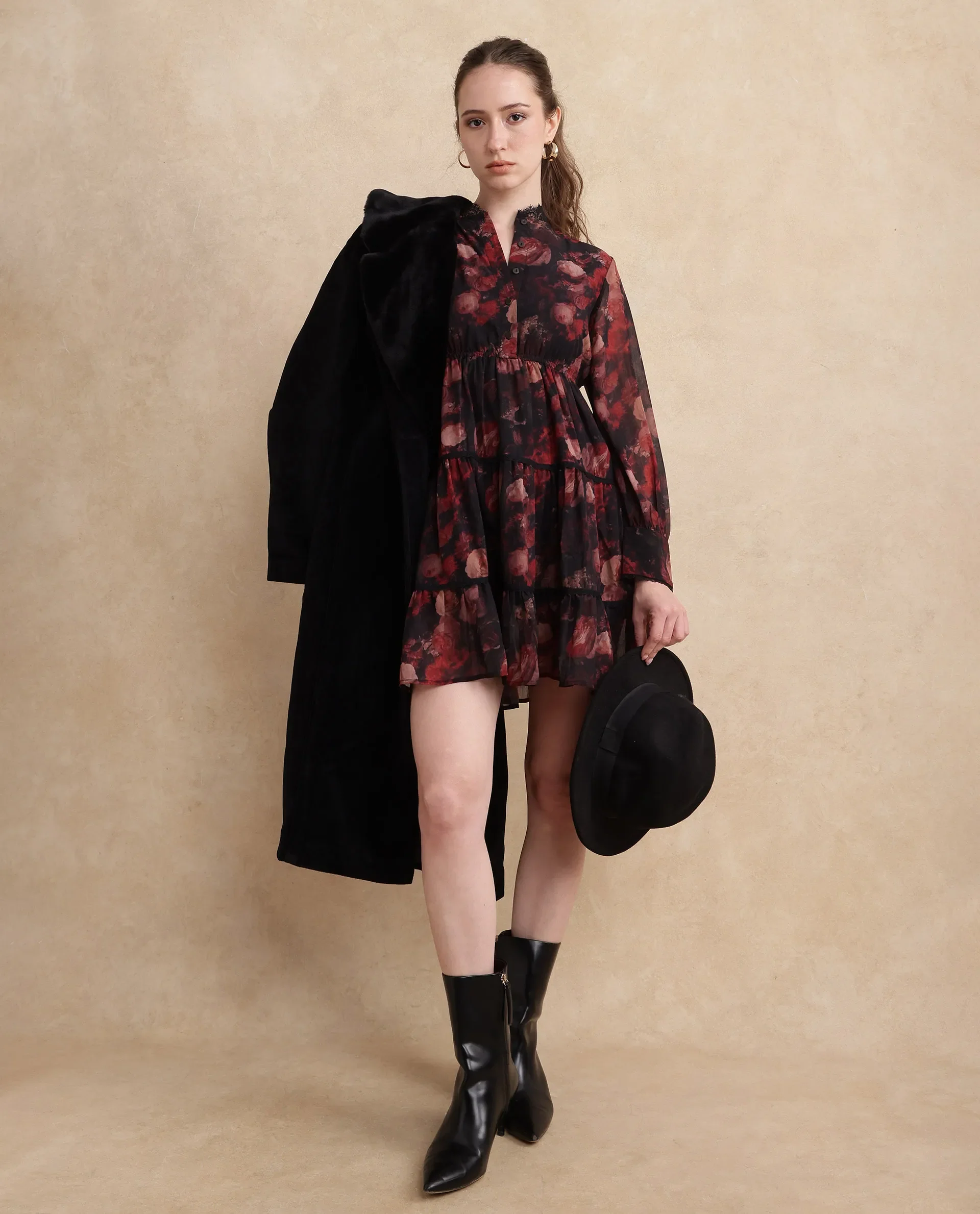 Rareism Women's Popoe Dark Multi Polyester Sweetheart Neck Floral Print Puff Sleeves Knee Length Fit And Flare Dress - Image 8