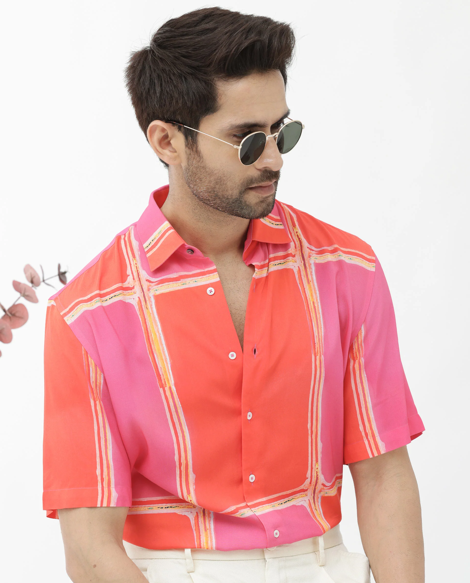 Rare Rabbit Men's Popper Dark Pink Viscose Abstract Print Boxy Fit Half Sleeve Collared Shirt