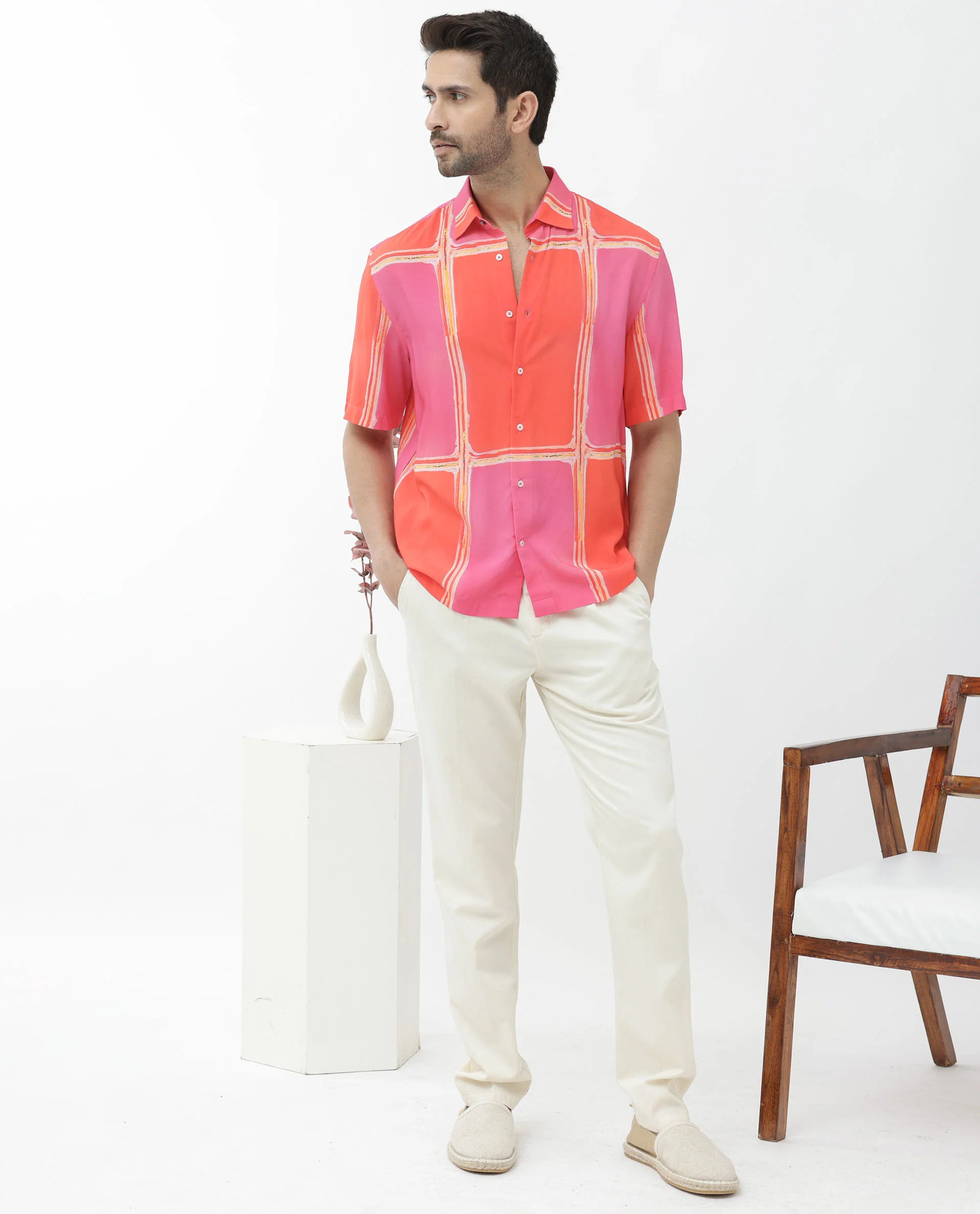 Rare Rabbit Men's Popper Dark Pink Viscose Abstract Print Boxy Fit Half Sleeve Collared Shirt - Image 2