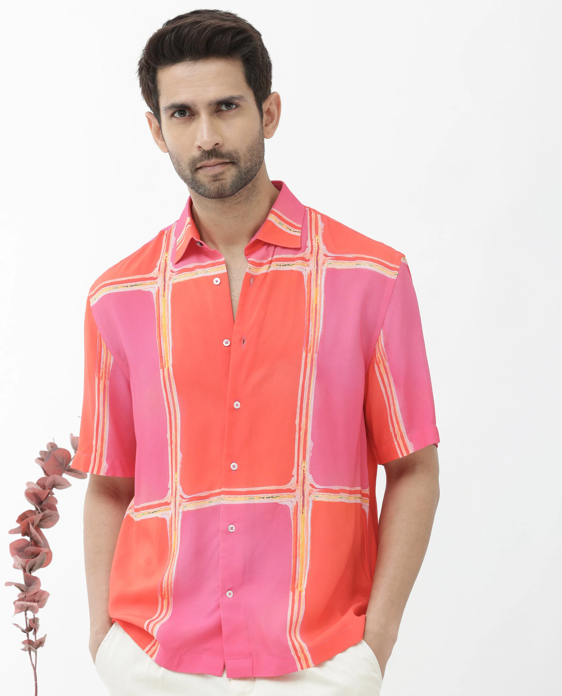 Rare Rabbit Men's Popper Dark Pink Viscose Abstract Print Boxy Fit Half Sleeve Collared Shirt - Image 3