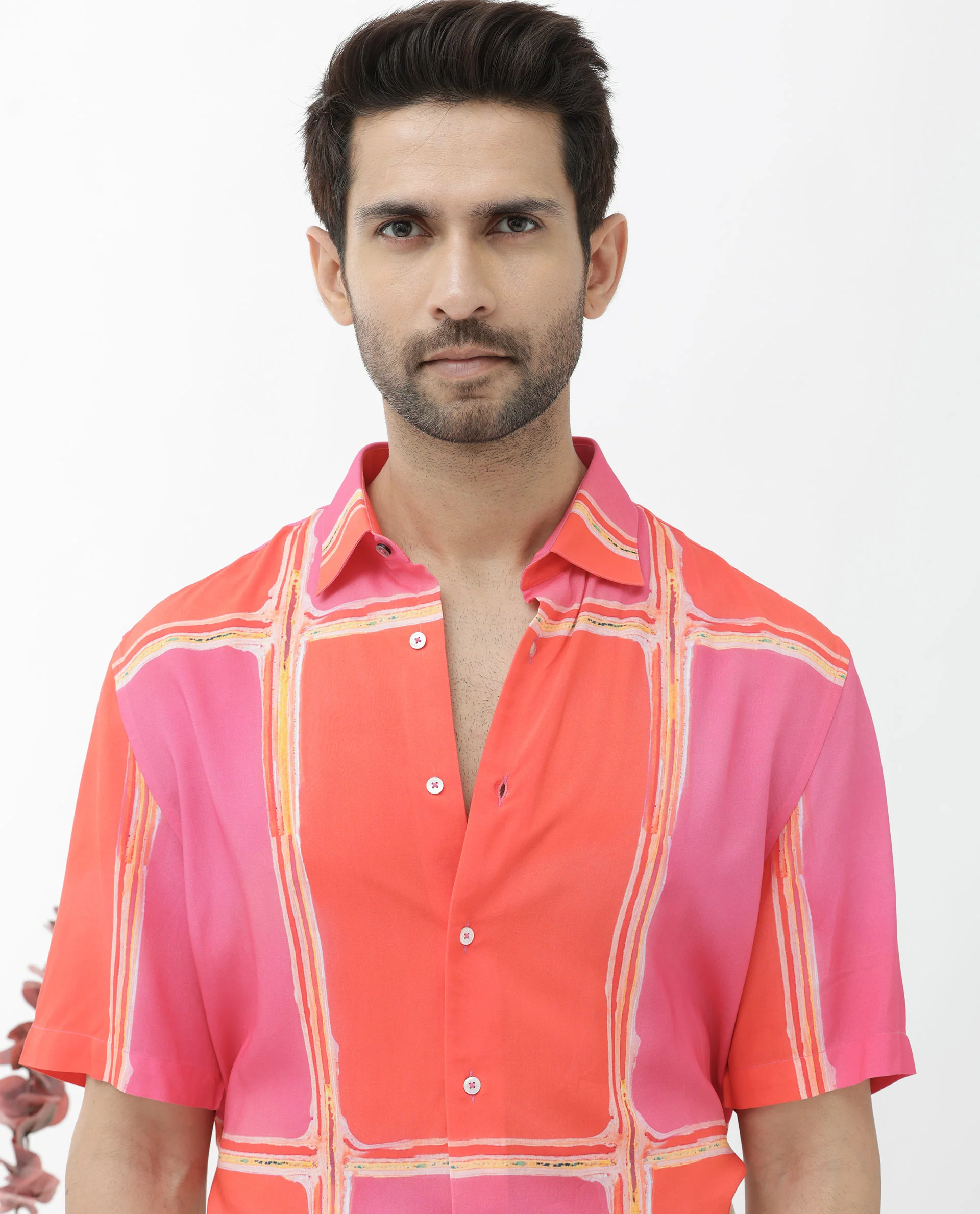 Rare Rabbit Men's Popper Dark Pink Viscose Abstract Print Boxy Fit Half Sleeve Collared Shirt - Image 4