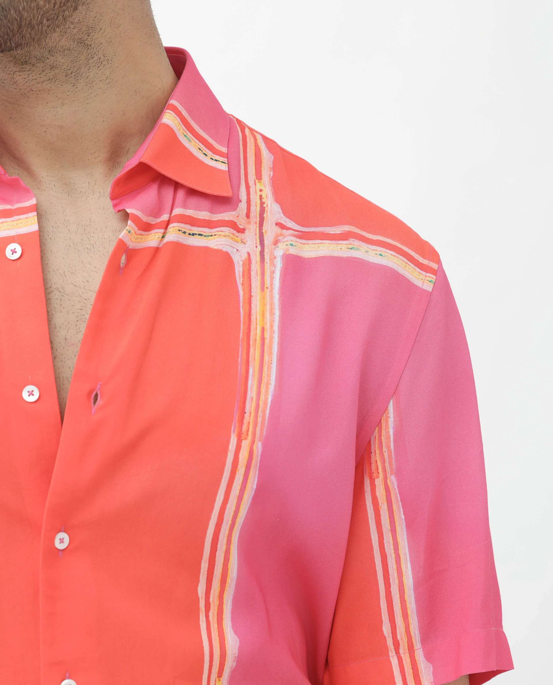 Rare Rabbit Men's Popper Dark Pink Viscose Abstract Print Boxy Fit Half Sleeve Collared Shirt - Image 5