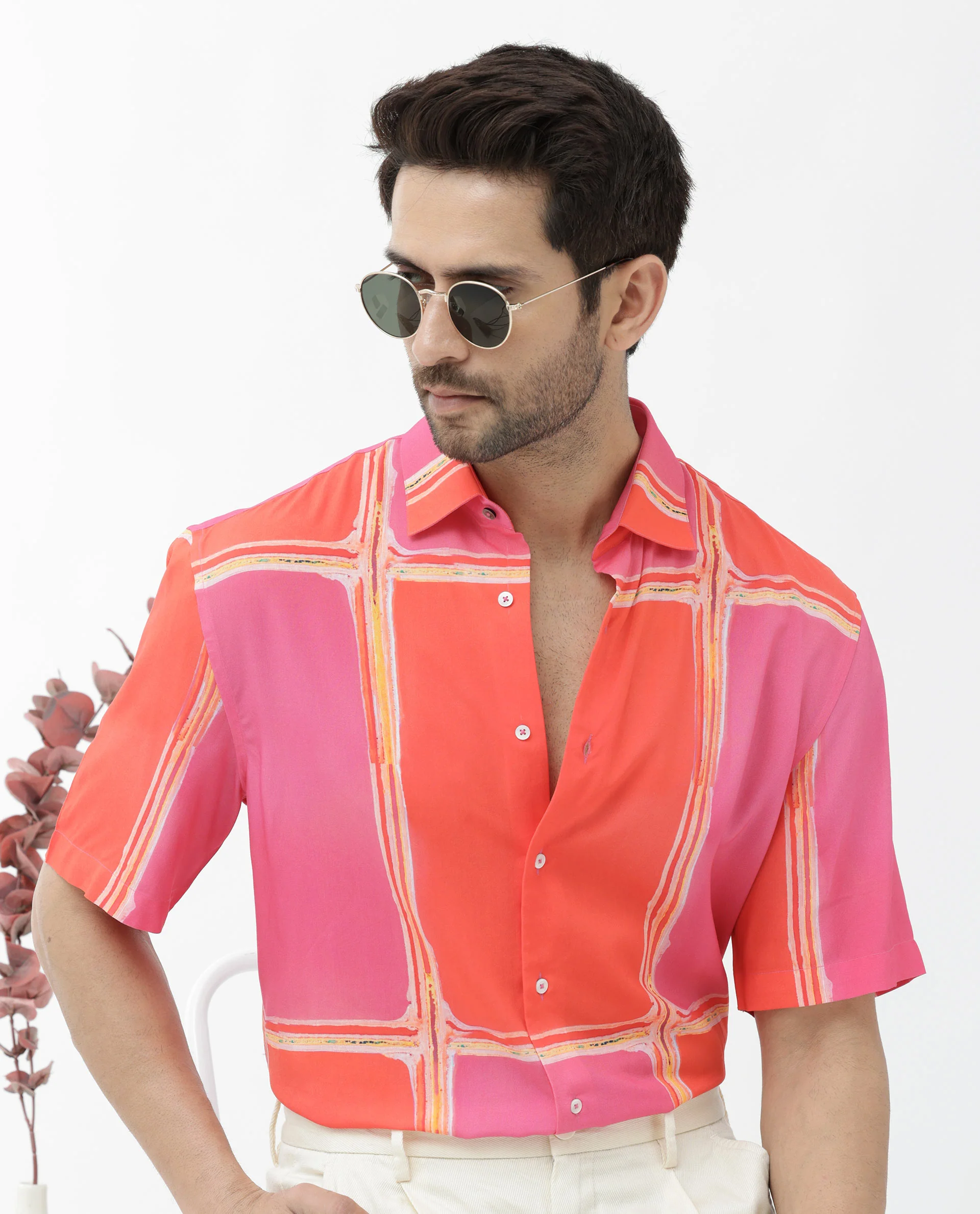 Rare Rabbit Men's Popper Dark Pink Viscose Abstract Print Boxy Fit Half Sleeve Collared Shirt - Image 6