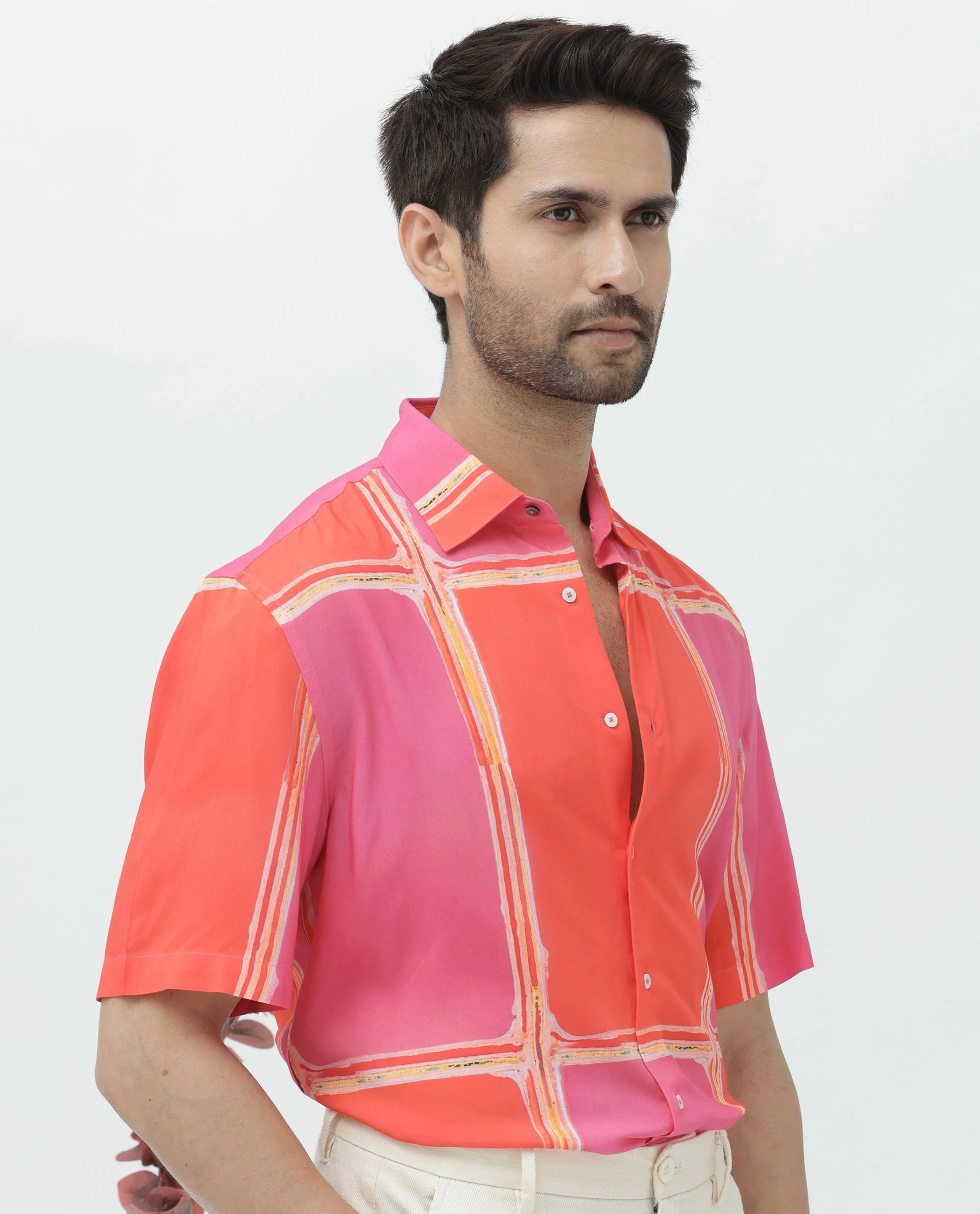 Rare Rabbit Men's Popper Dark Pink Viscose Abstract Print Boxy Fit Half Sleeve Collared Shirt - Image 8