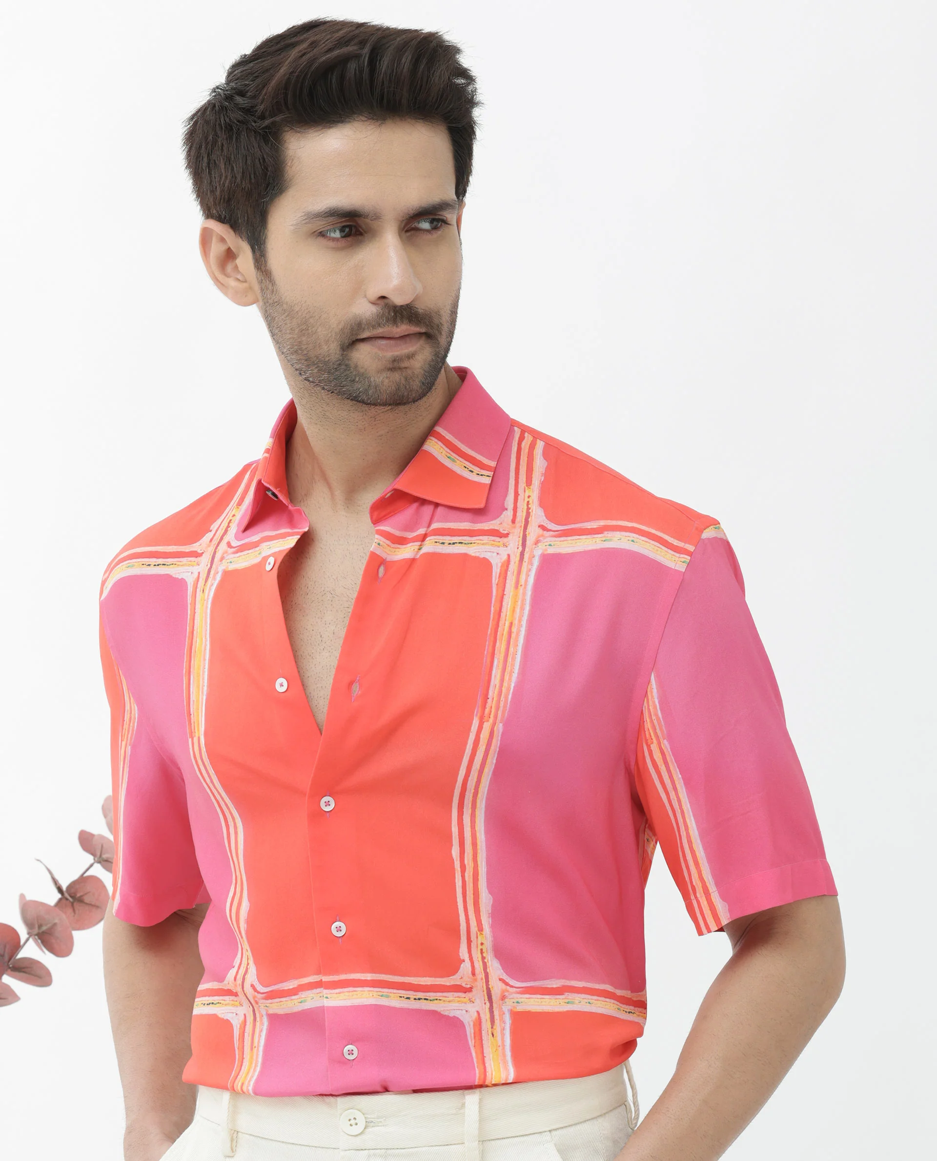 Rare Rabbit Men's Popper Dark Pink Viscose Abstract Print Boxy Fit Half Sleeve Collared Shirt - Image 9