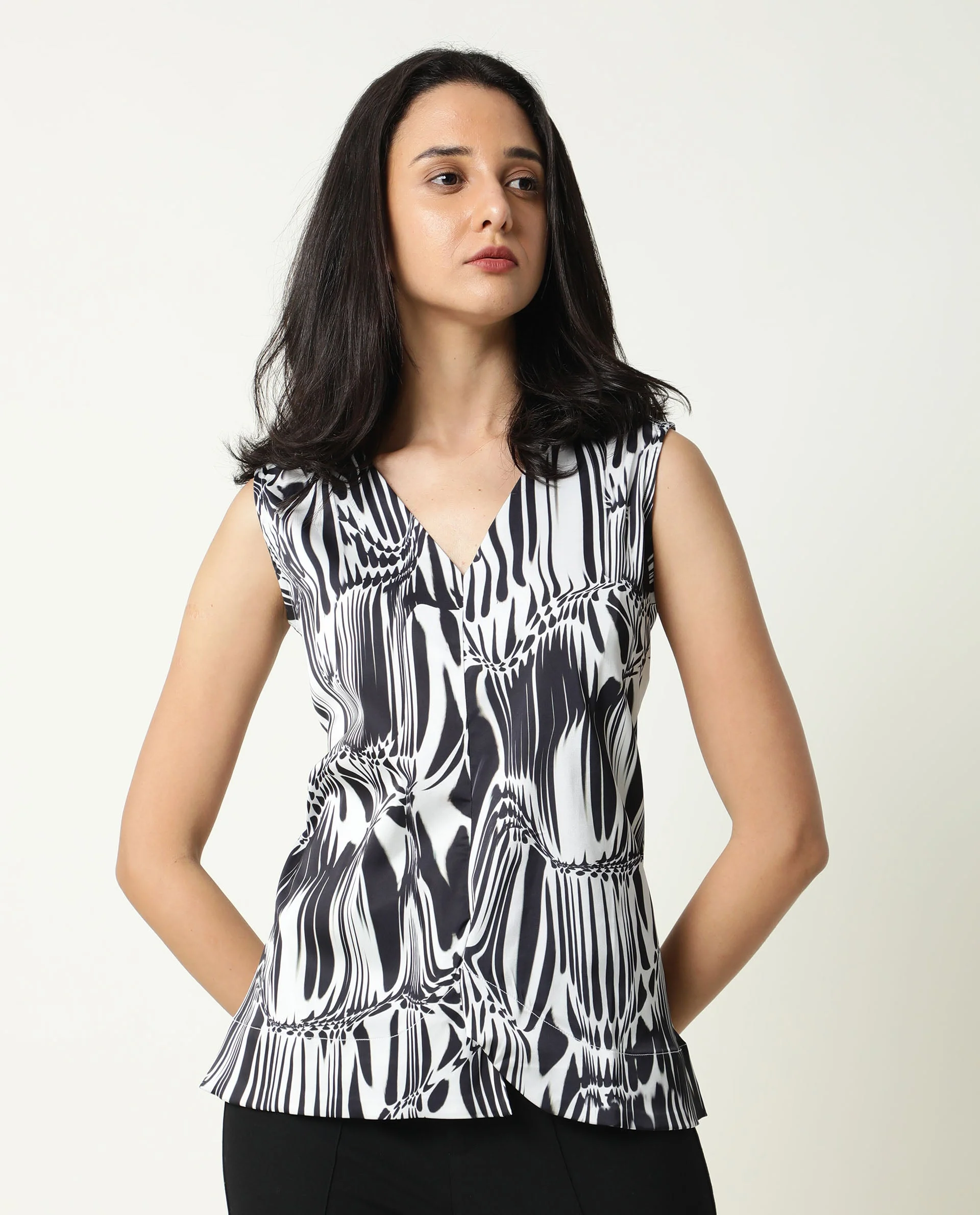 Rareism Women's Portal Black Modal Blend V-Neck Abstract Print Sleeveless Regular Fit Top - Image 4