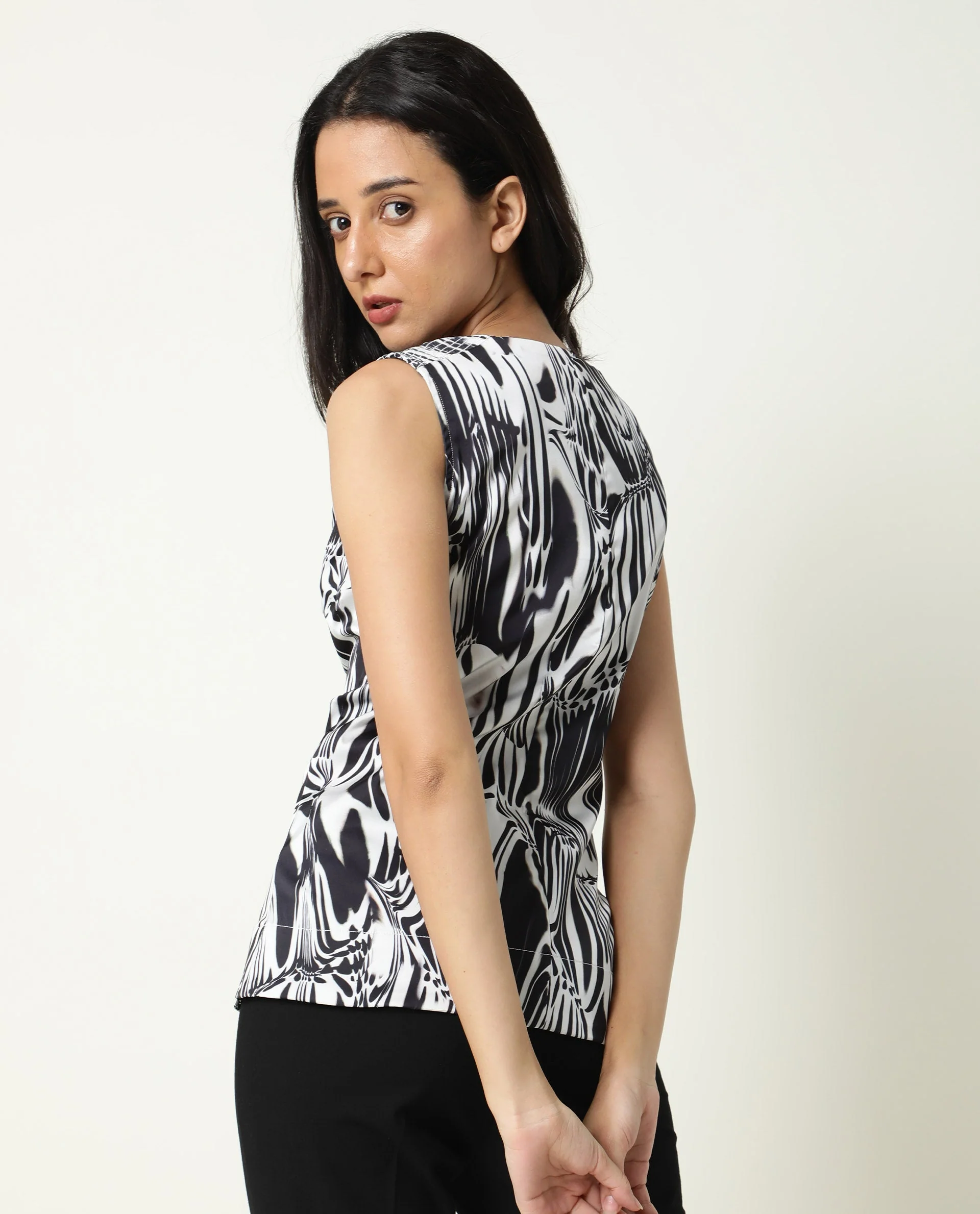 Rareism Women's Portal Black Modal Blend V-Neck Abstract Print Sleeveless Regular Fit Top - Image 5