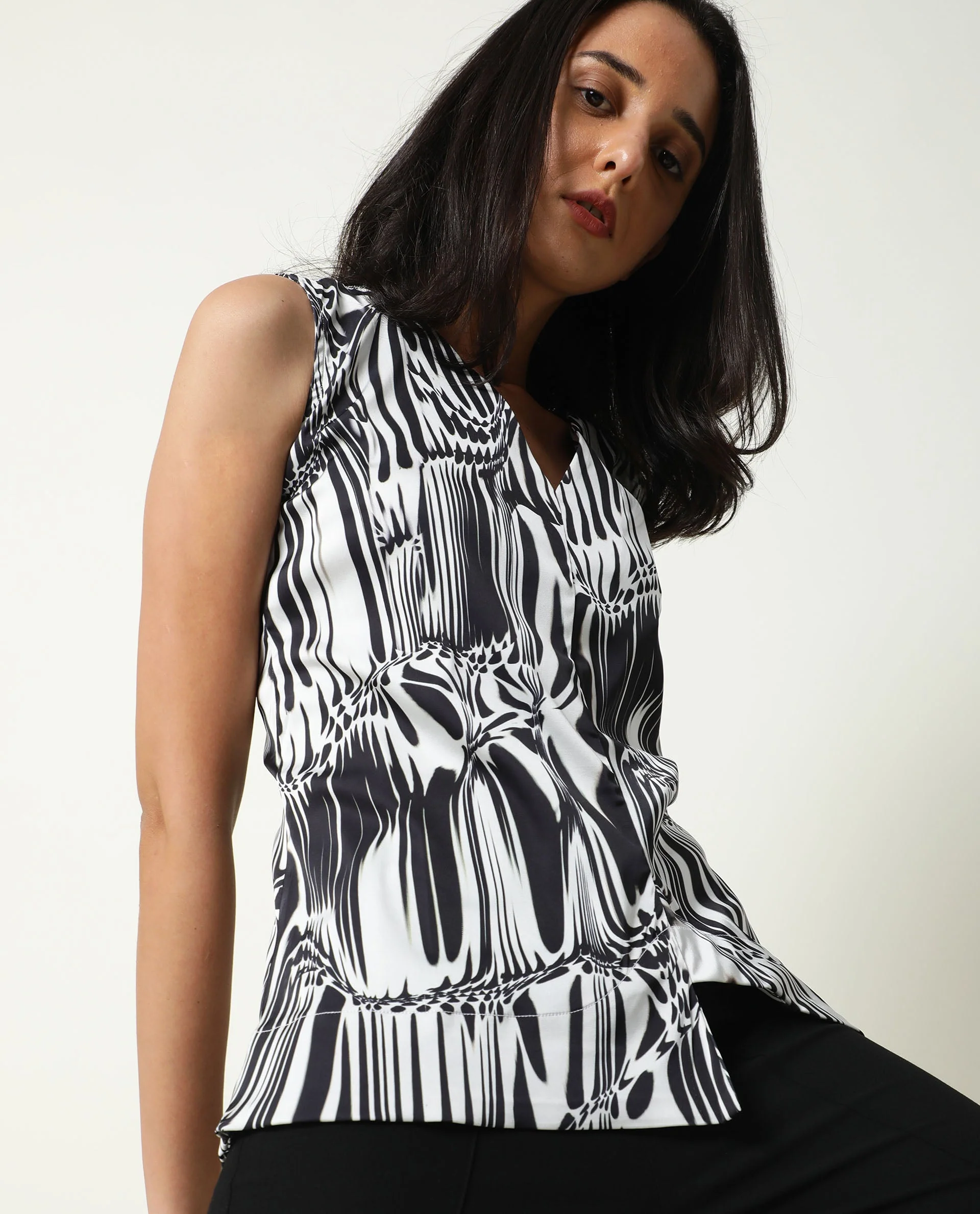 Rareism Women's Portal Black Modal Blend V-Neck Abstract Print Sleeveless Regular Fit Top - Image 7