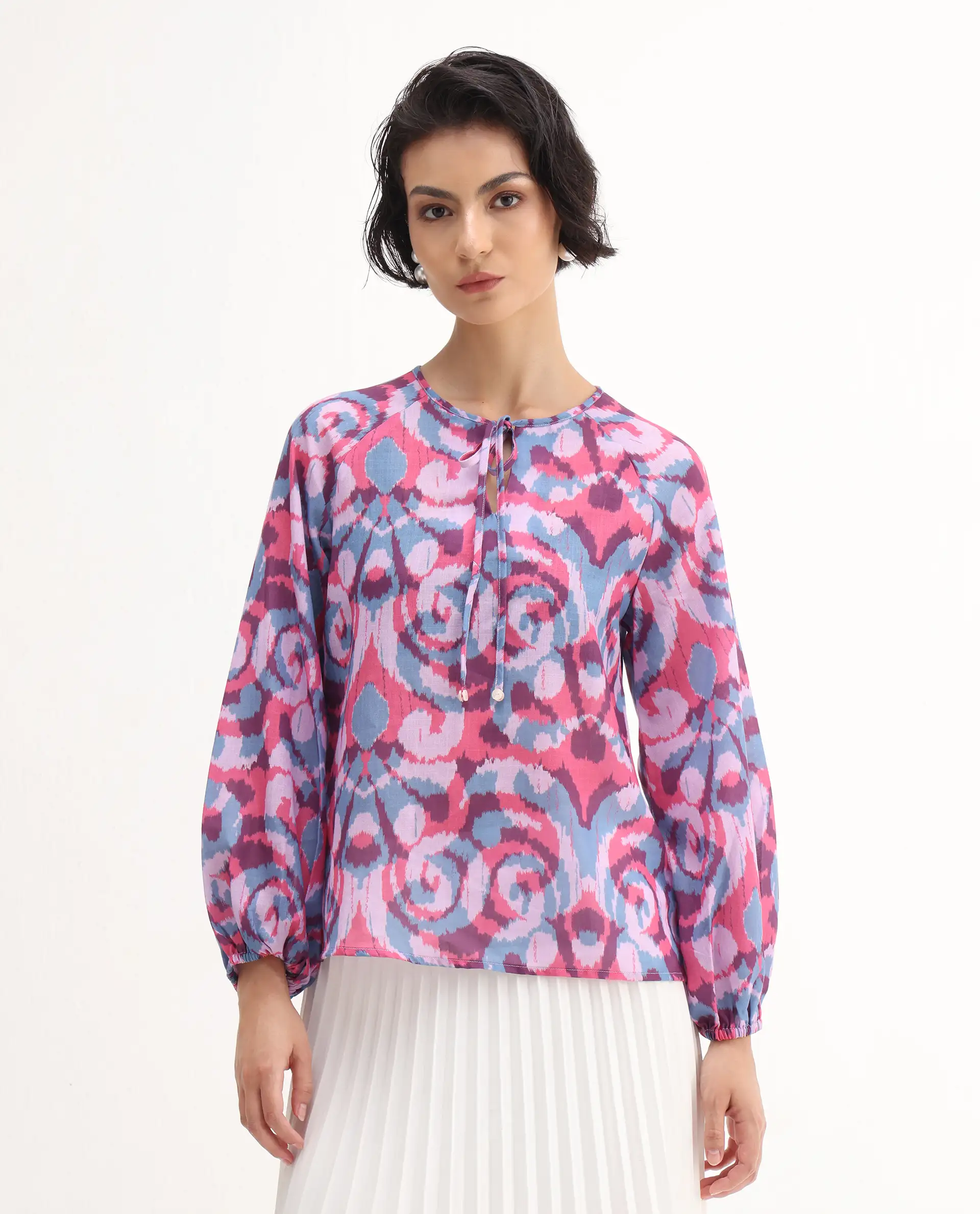 Rareism Women's Portia Multi Linen Tie-Up Neck Abstract Print Raglan Sleeve Regular Fit Top - Image 3