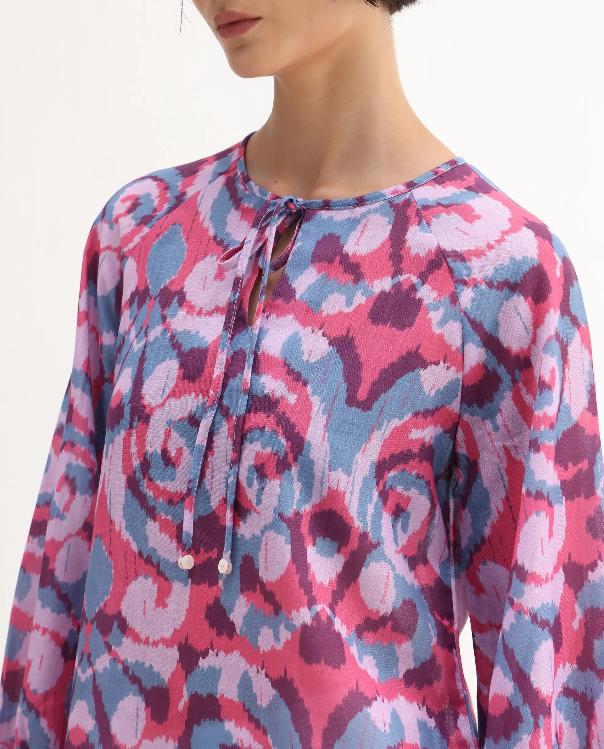 Rareism Women's Portia Multi Linen Tie-Up Neck Abstract Print Raglan Sleeve Regular Fit Top - Image 4