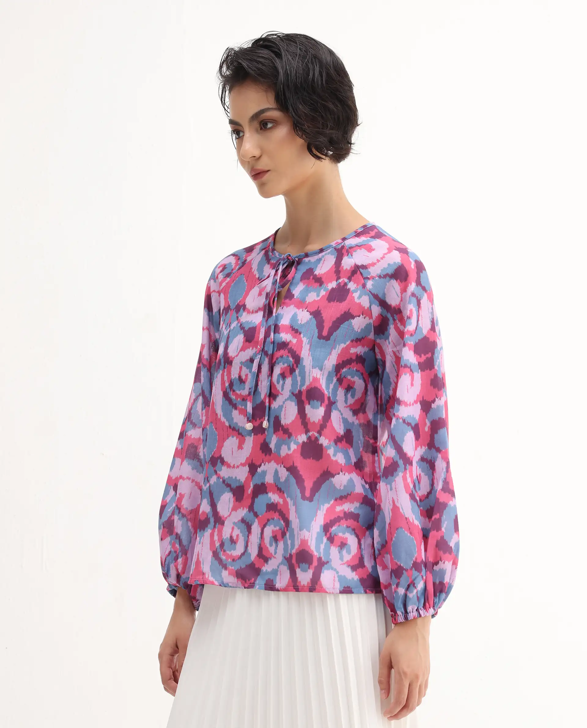 Rareism Women's Portia Multi Linen Tie-Up Neck Abstract Print Raglan Sleeve Regular Fit Top - Image 5