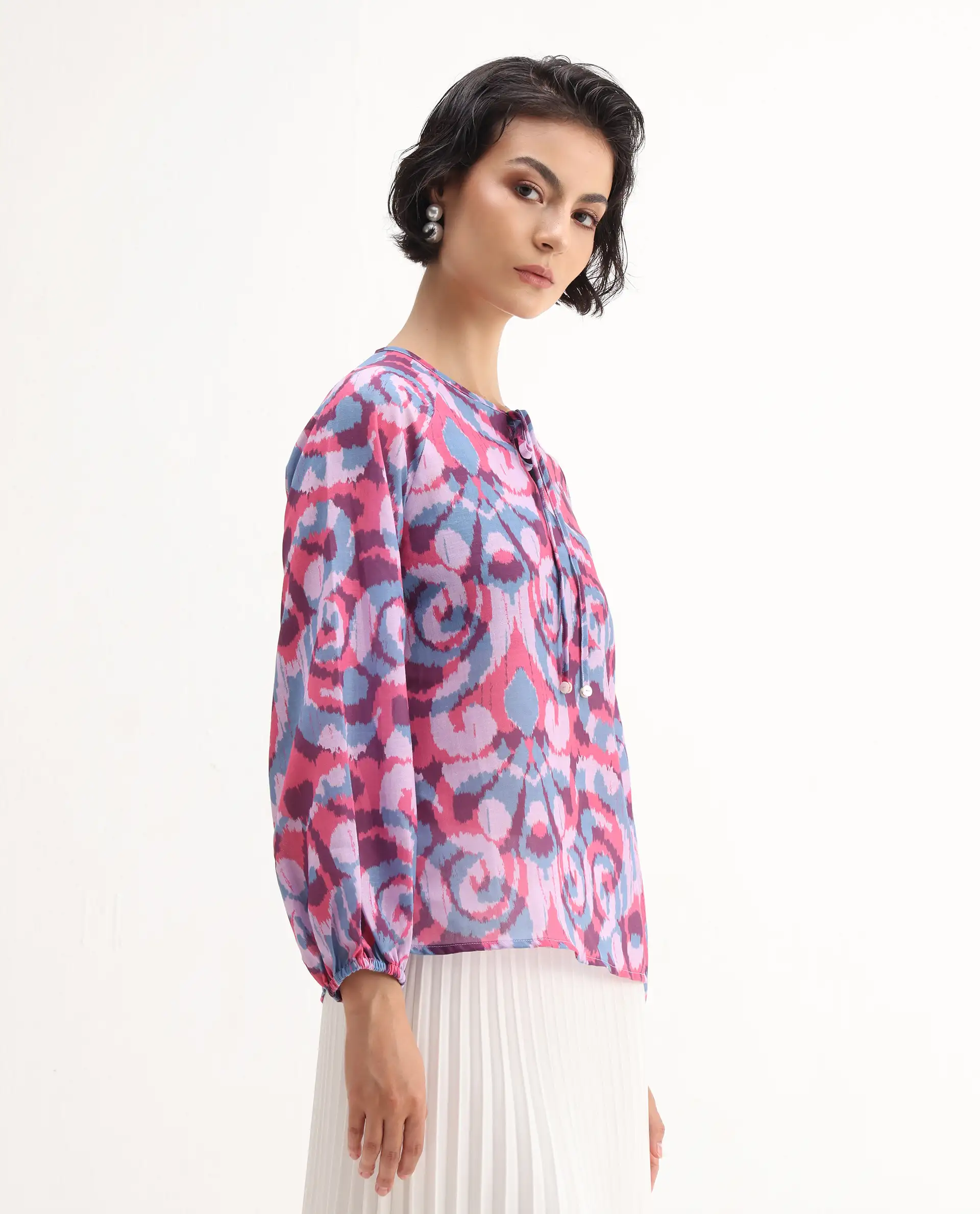 Rareism Women's Portia Multi Linen Tie-Up Neck Abstract Print Raglan Sleeve Regular Fit Top - Image 6