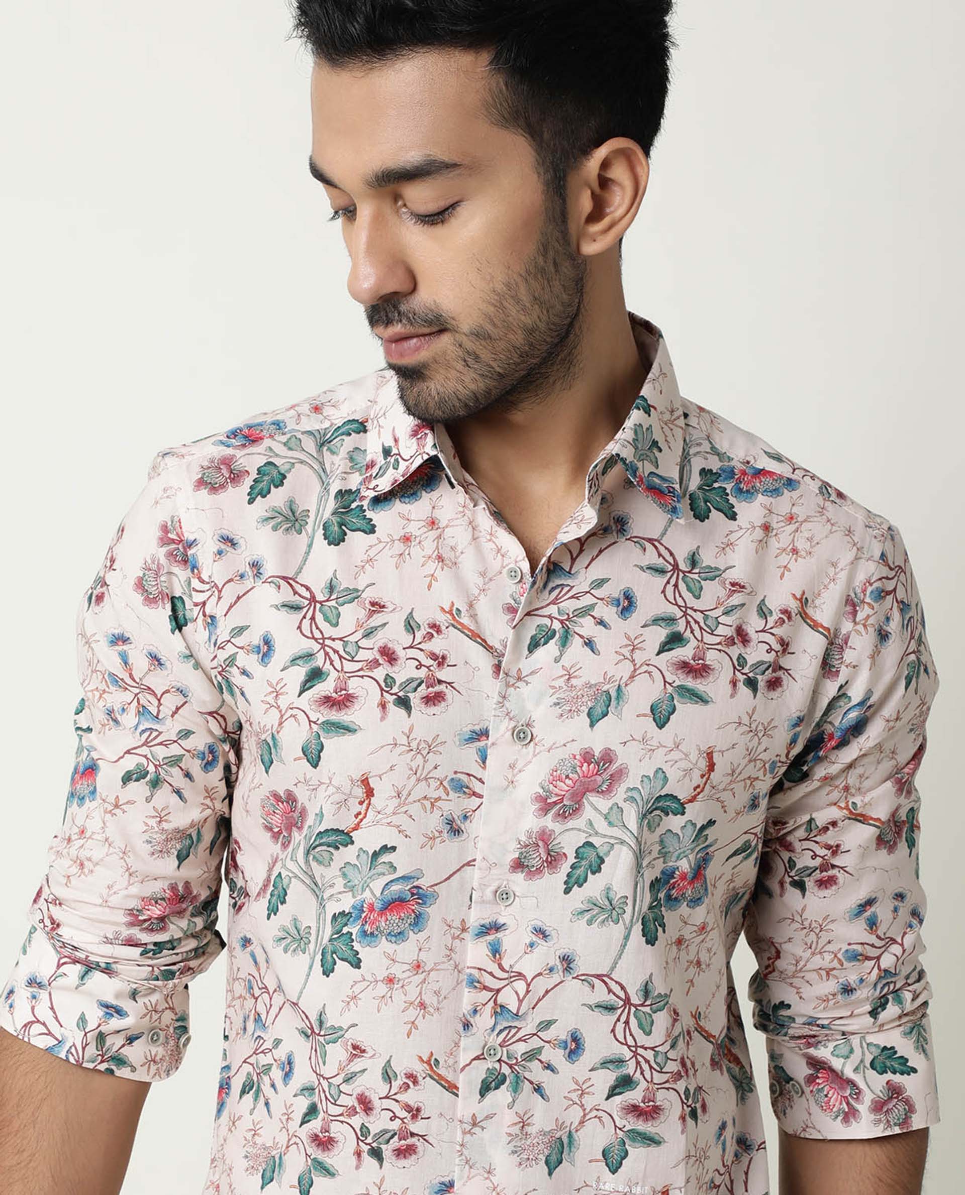 Rare Rabbit Men's Porto Beige Cotton Floral Print Regular Fit Full Sleeve Collared Shirt