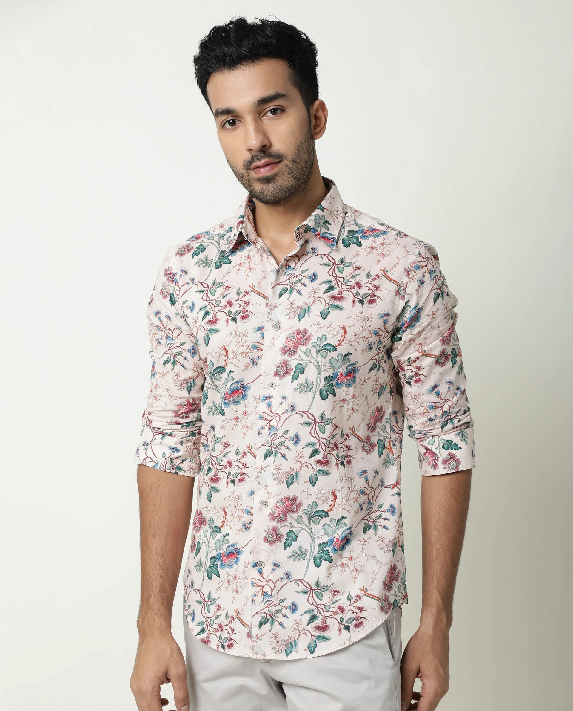 Rare Rabbit Men's Porto Beige Cotton Floral Print Regular Fit Full Sleeve Collared Shirt - Image 4