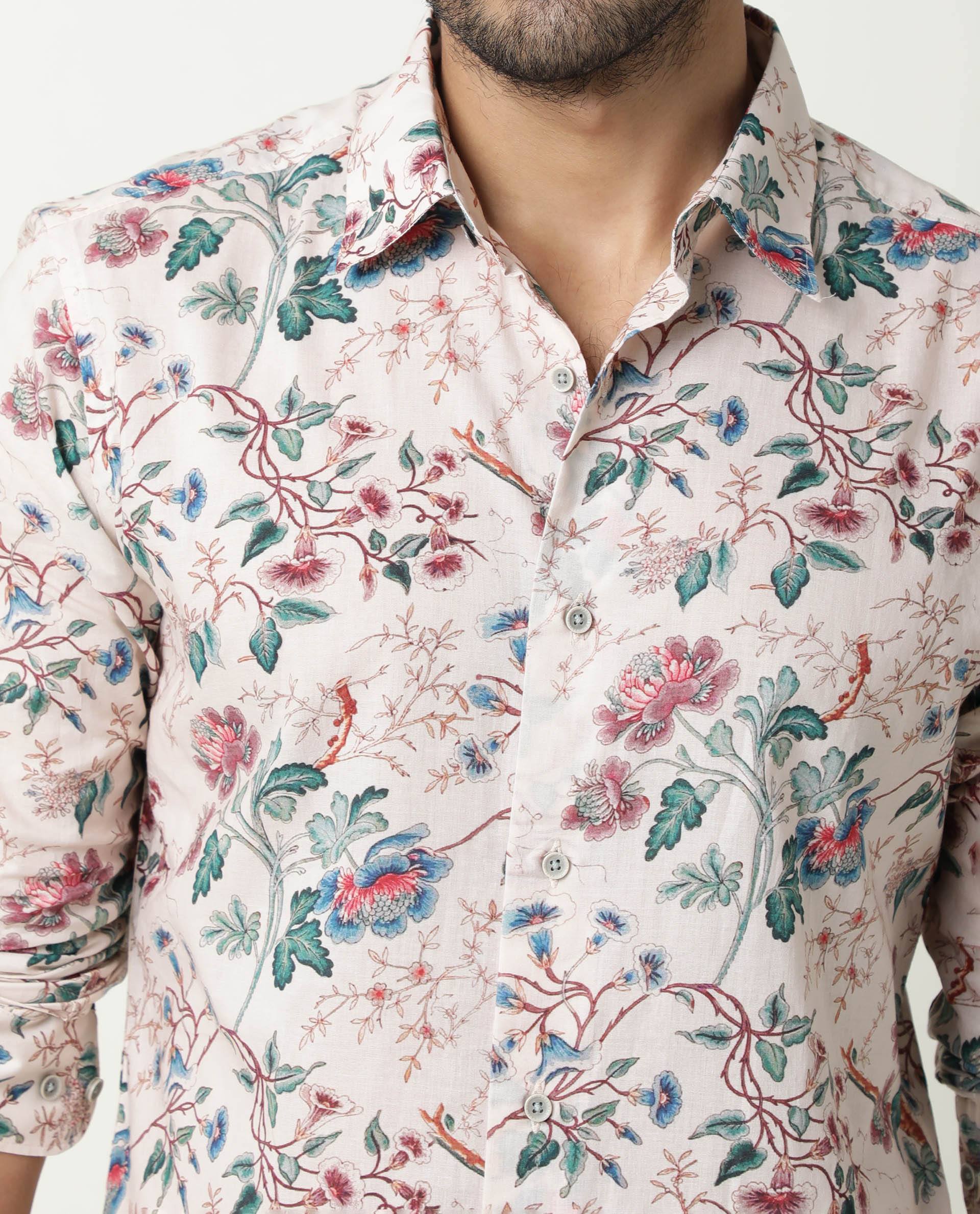 Rare Rabbit Men's Porto Beige Cotton Floral Print Regular Fit Full Sleeve Collared Shirt - Image 5