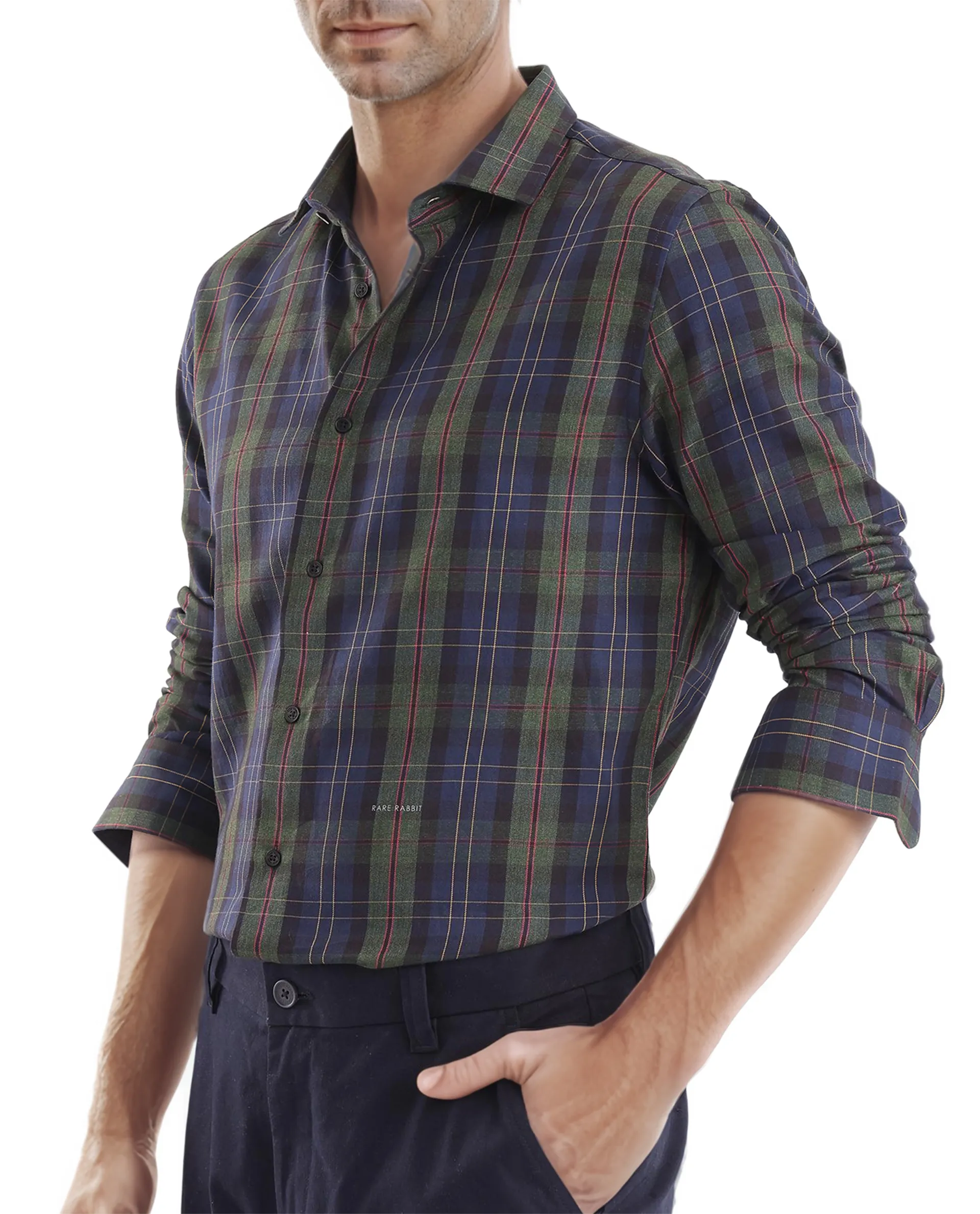 Rare Rabbit Men's Pospe Dark Green Cotton Checked Print Regular Fit Full Sleeve Collared Shirt - Image 3