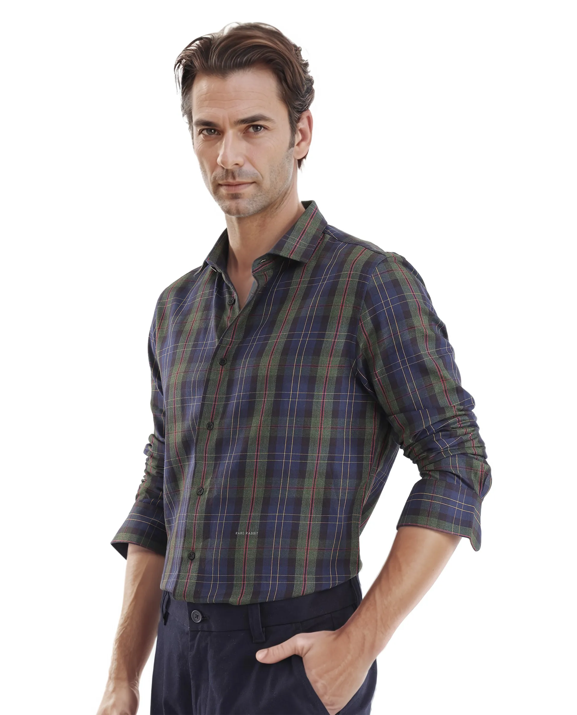 Rare Rabbit Men's Pospe Dark Green Cotton Checked Print Regular Fit Full Sleeve Collared Shirt - Image 5