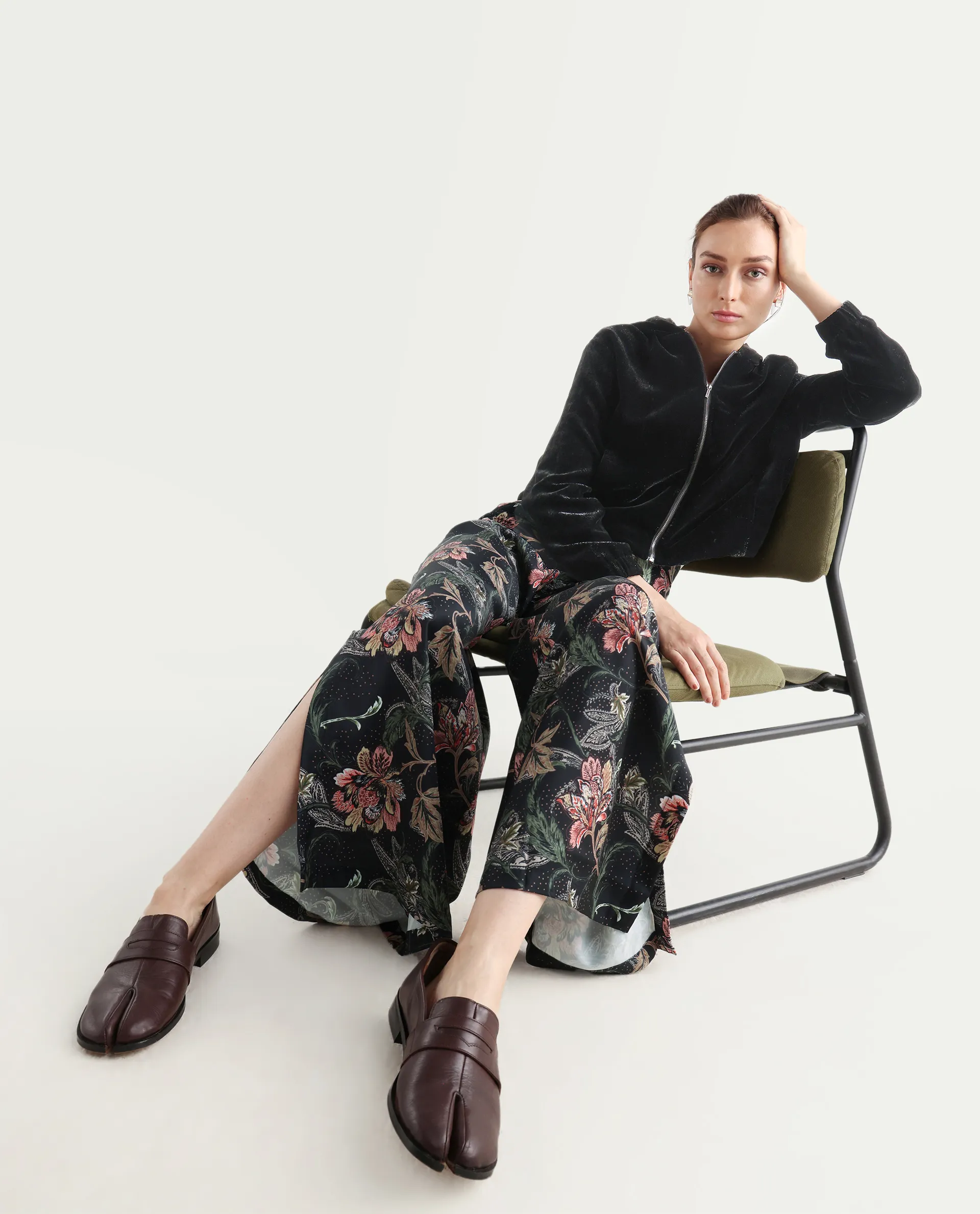 Rareism Women's Posria Multi Polyester Tropical Print Ankle Length Flared Trouser