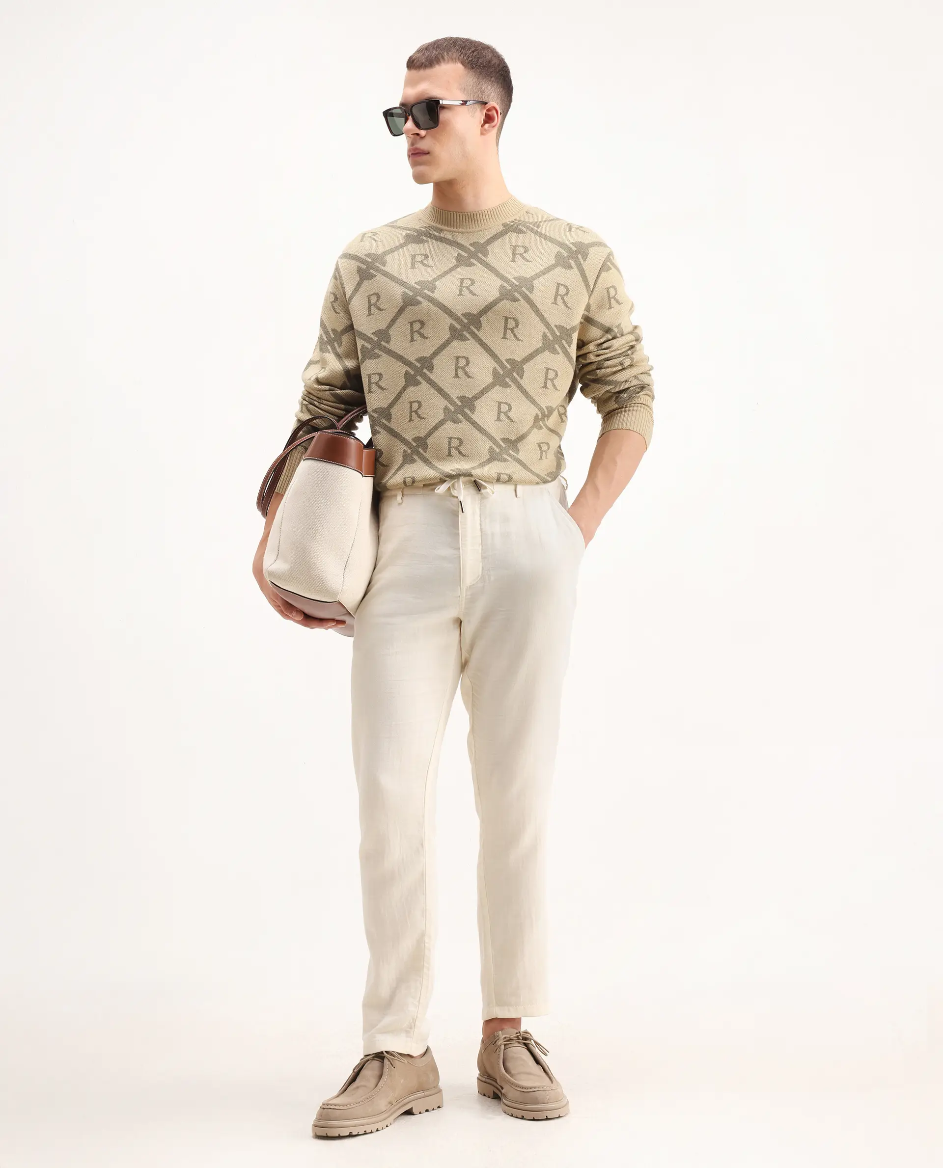 Rare Rabbit Men's Post Beige Acrylic Monogram Print Regular Fit Full Sleeve Crew Neck Sweater - Image 2