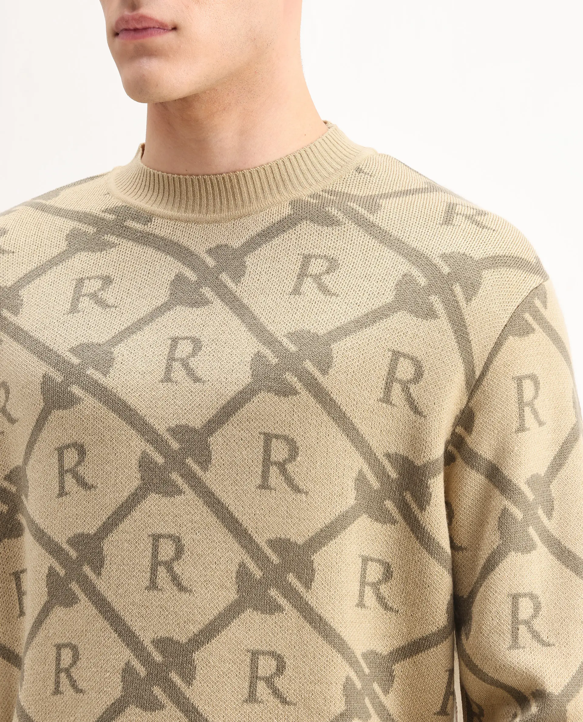 Rare Rabbit Men's Post Beige Acrylic Monogram Print Regular Fit Full Sleeve Crew Neck Sweater - Image 3