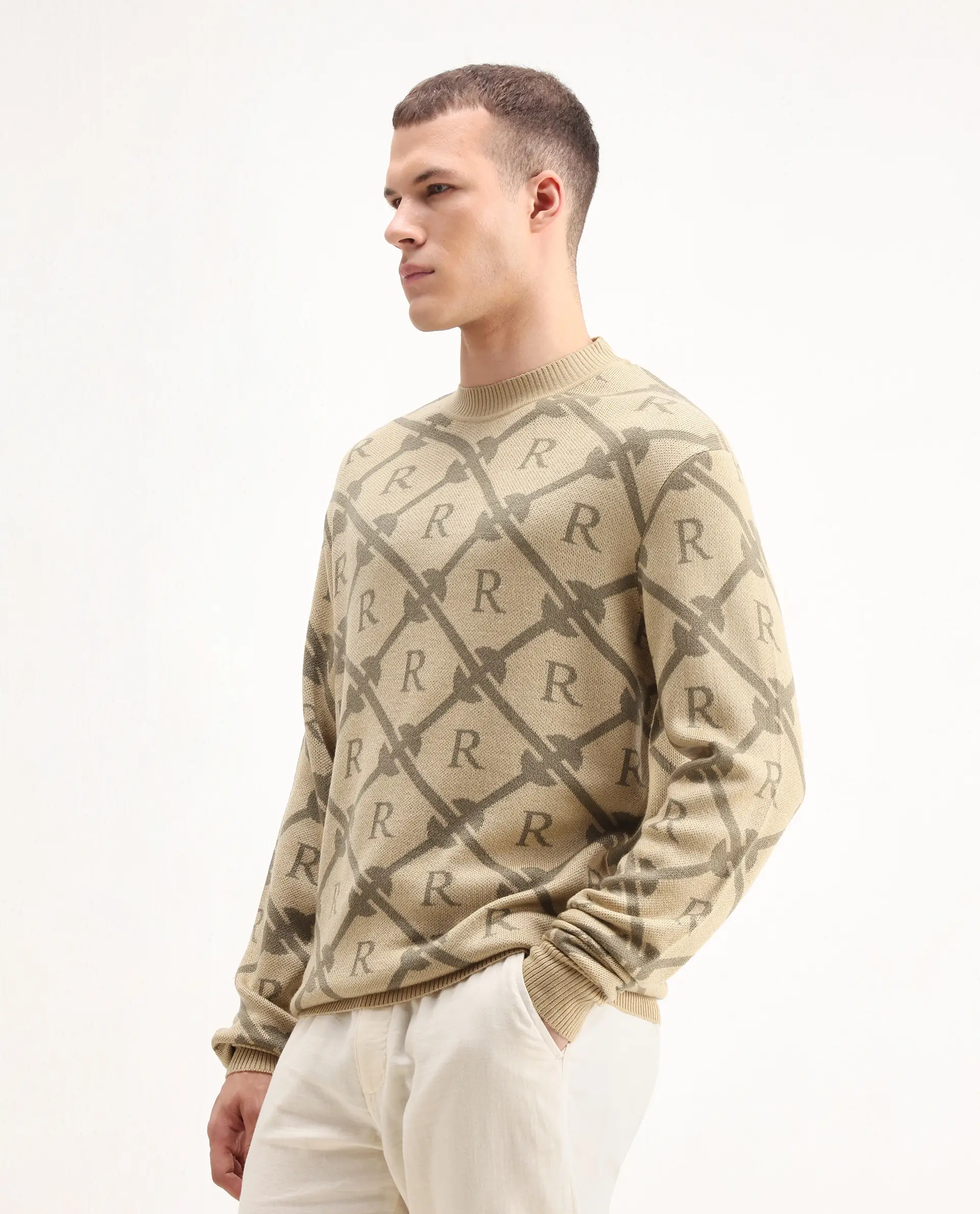 Rare Rabbit Men's Post Beige Acrylic Monogram Print Regular Fit Full Sleeve Crew Neck Sweater - Image 4